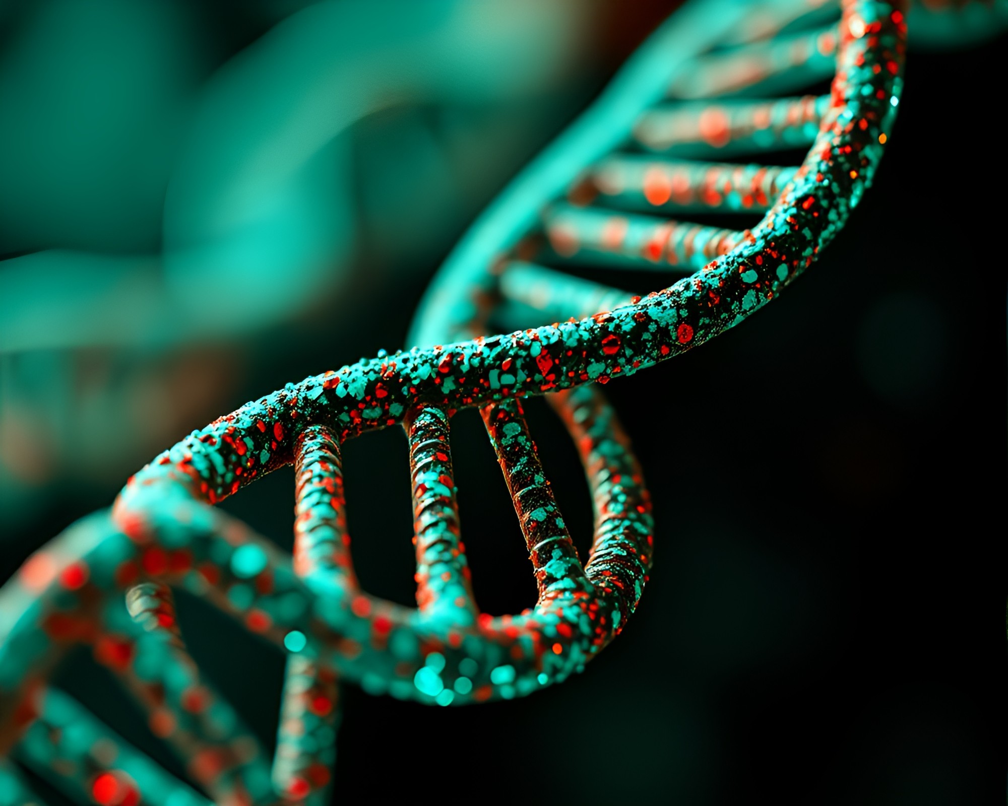 Copper Helix Glitch: DNA with Verdigris Twist – free AI stock image