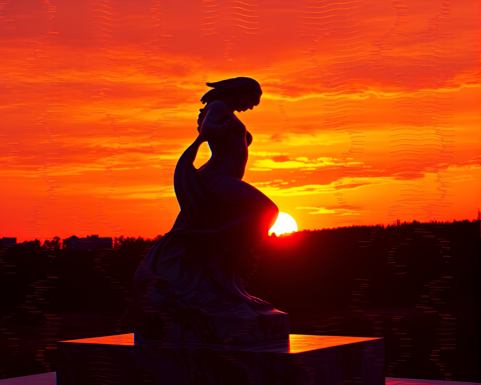 Sunset Glitched Marble Sculpture Crosshatching Composition – free AI stock image