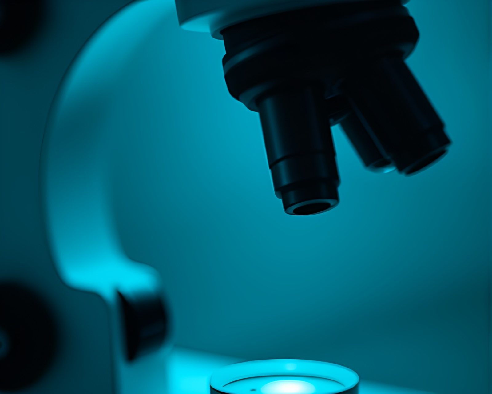 A teal-toned microscope on a dimly lit off-center table