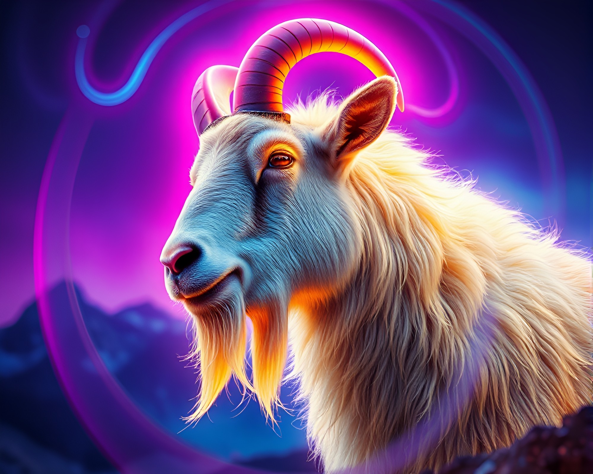 Mountain Goat Swirl: Hyper-Realistic Neon Glow – free AI stock image
