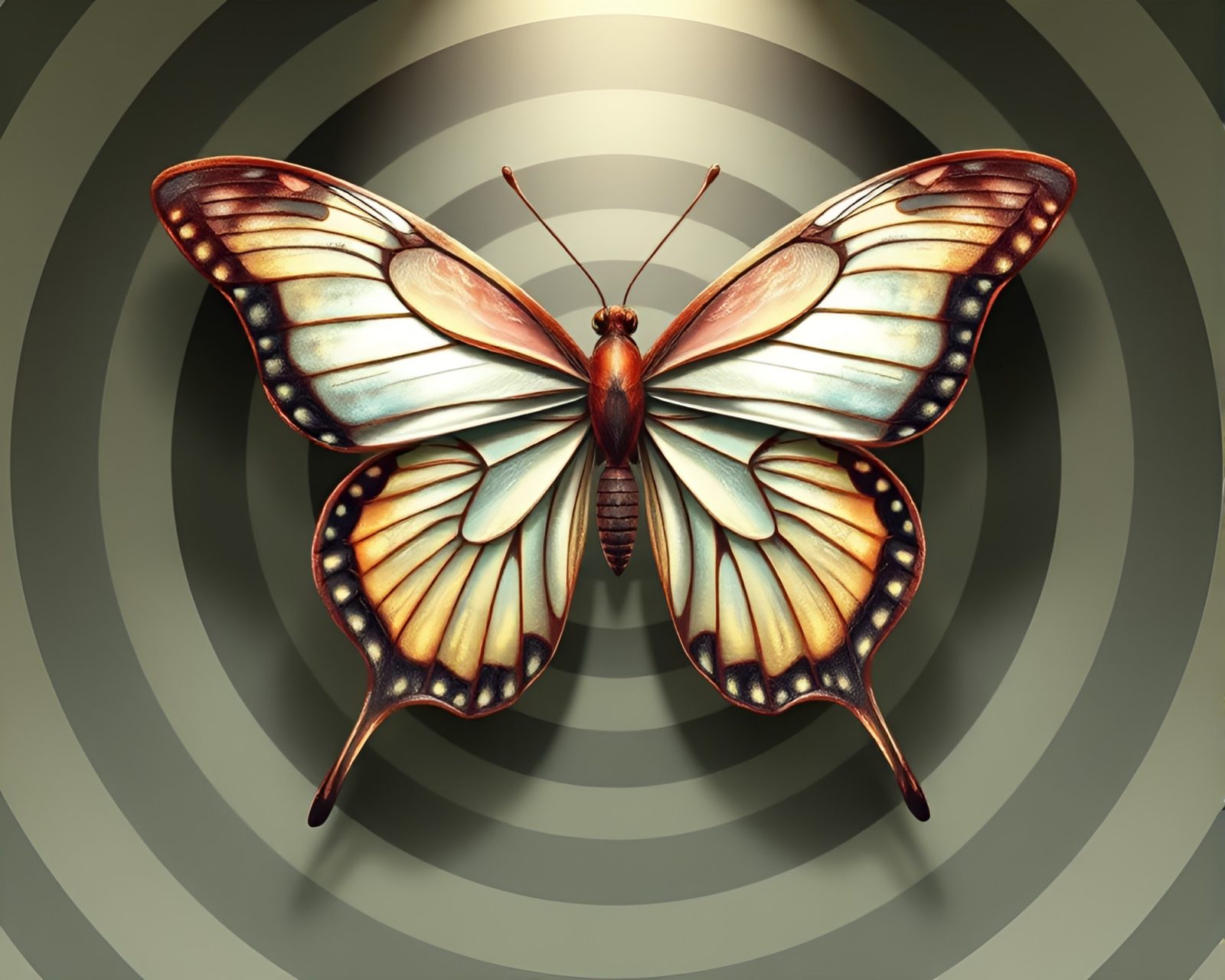 Vibrant botanical illustration of silk butterfly in circle spotlight