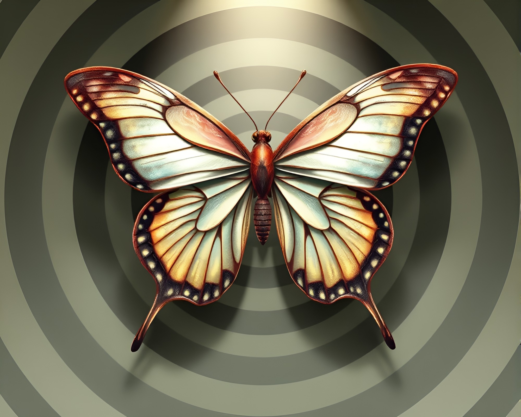 Silk Butterfly in Botanical Concentric Circles – free AI stock image