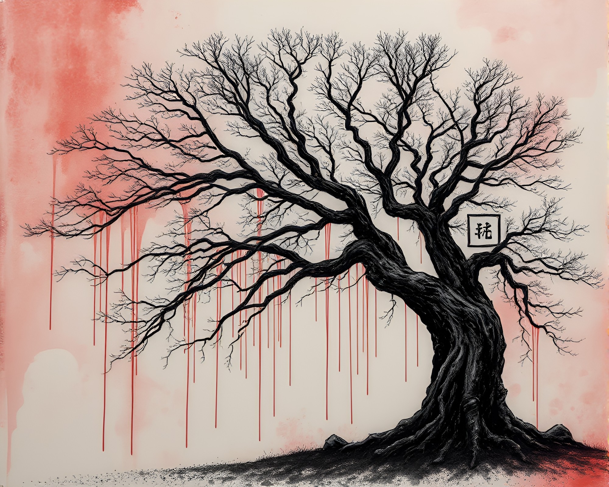Ink Wash Drips Surrounding Ancient Rose Gold Tree – free AI stock image