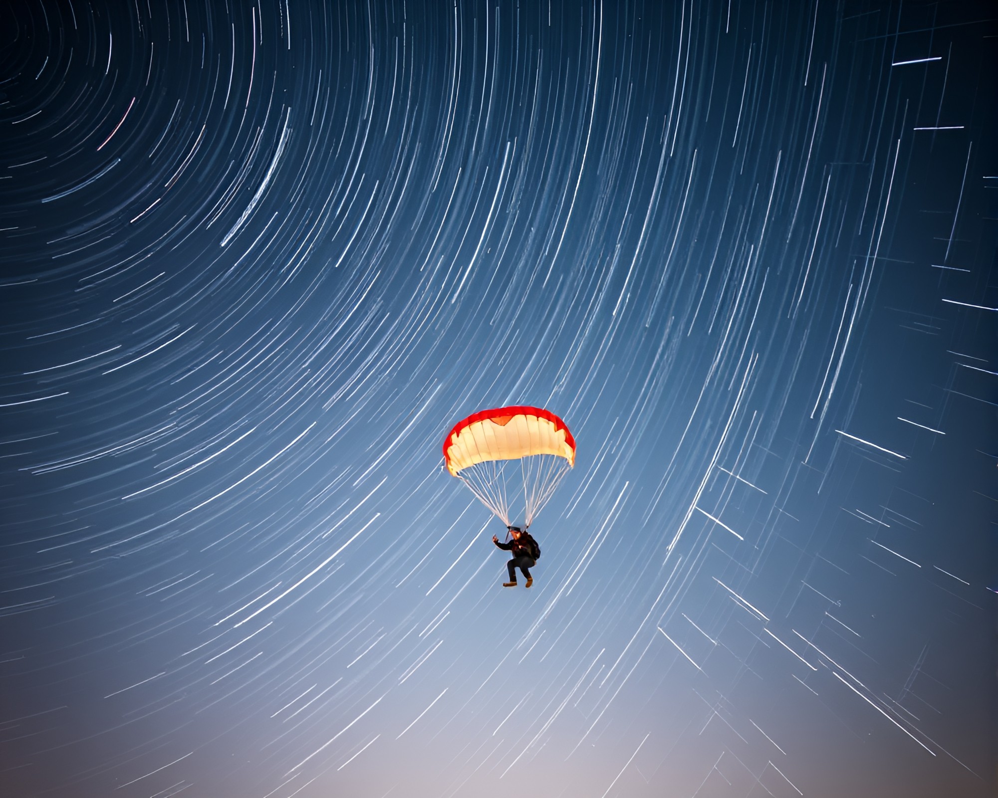 Mesmerizing Star Trails Surround Parachute Jumper at Night – free AI stock image
