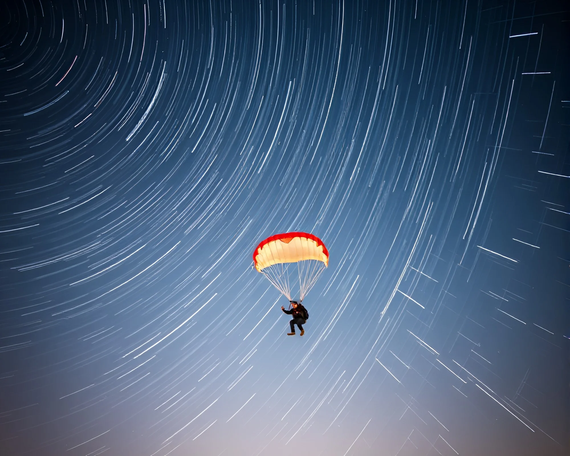 Mesmerizing Star Trails Surround Parachute Jumper at Night