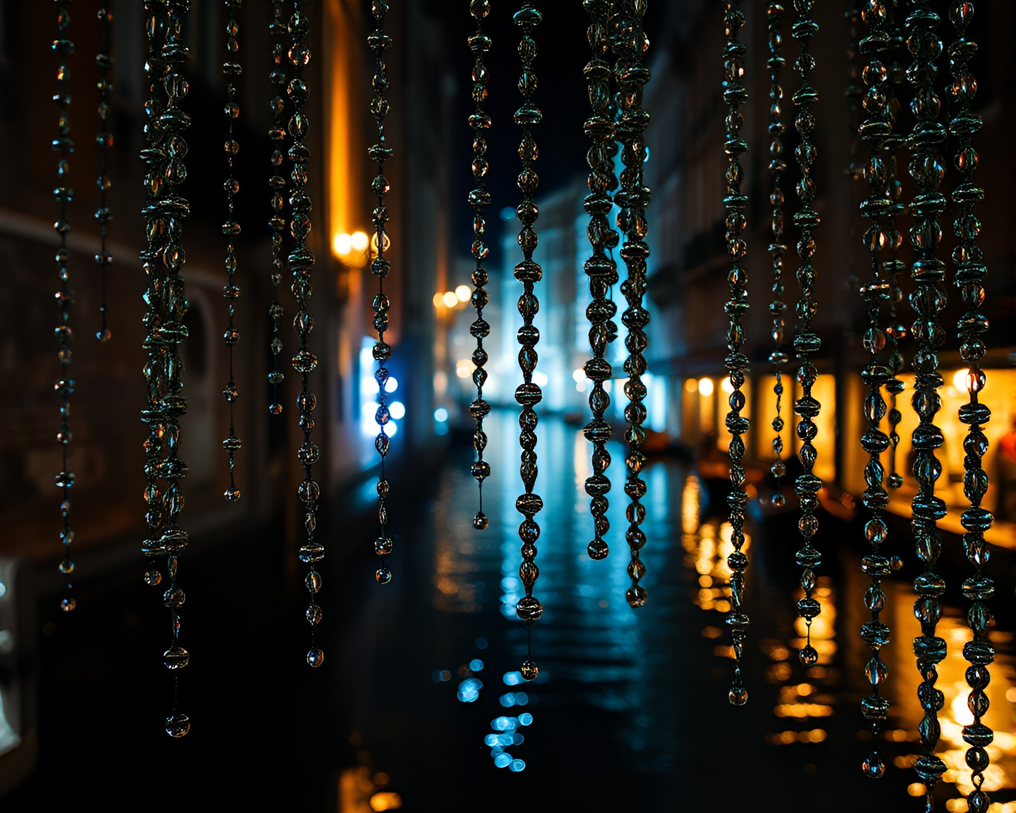 Venetian Canal: Theatrical Light on Wet Glass Beads – free AI stock image