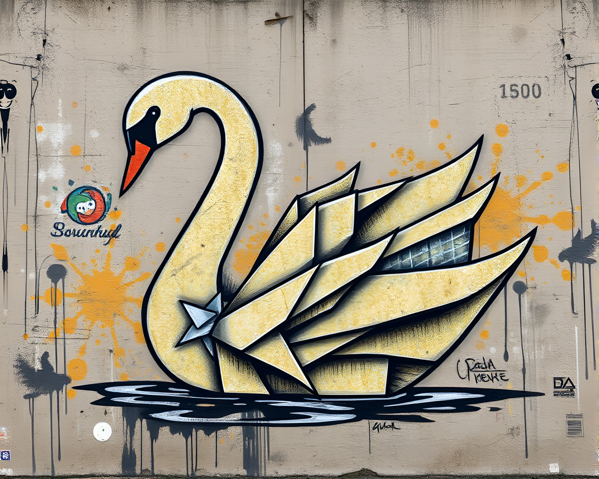 Savannah Golds Origami Swan Mural Graffiti – free AI stock image