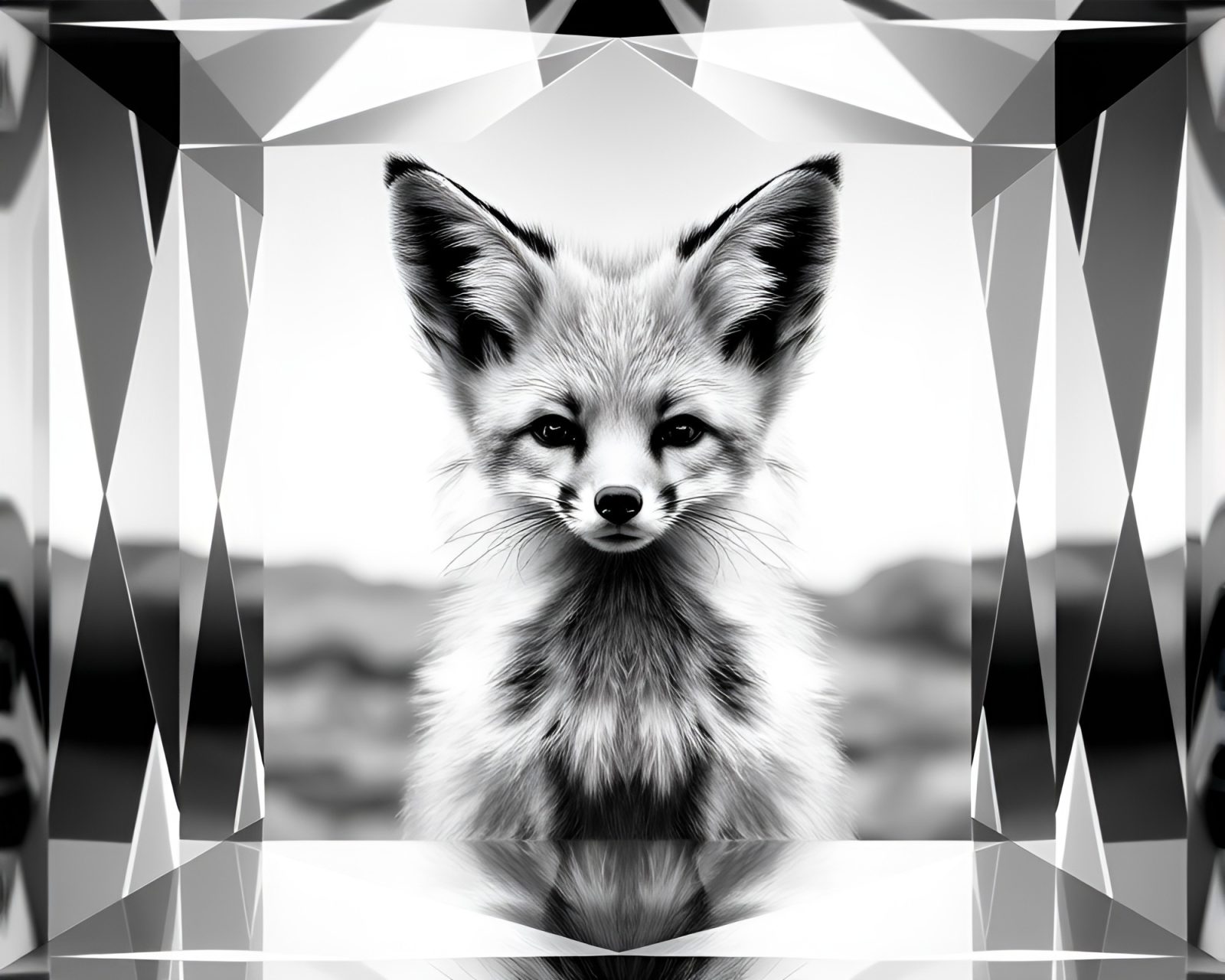Halftone-patterned fennec fox inside refracted prism architecture