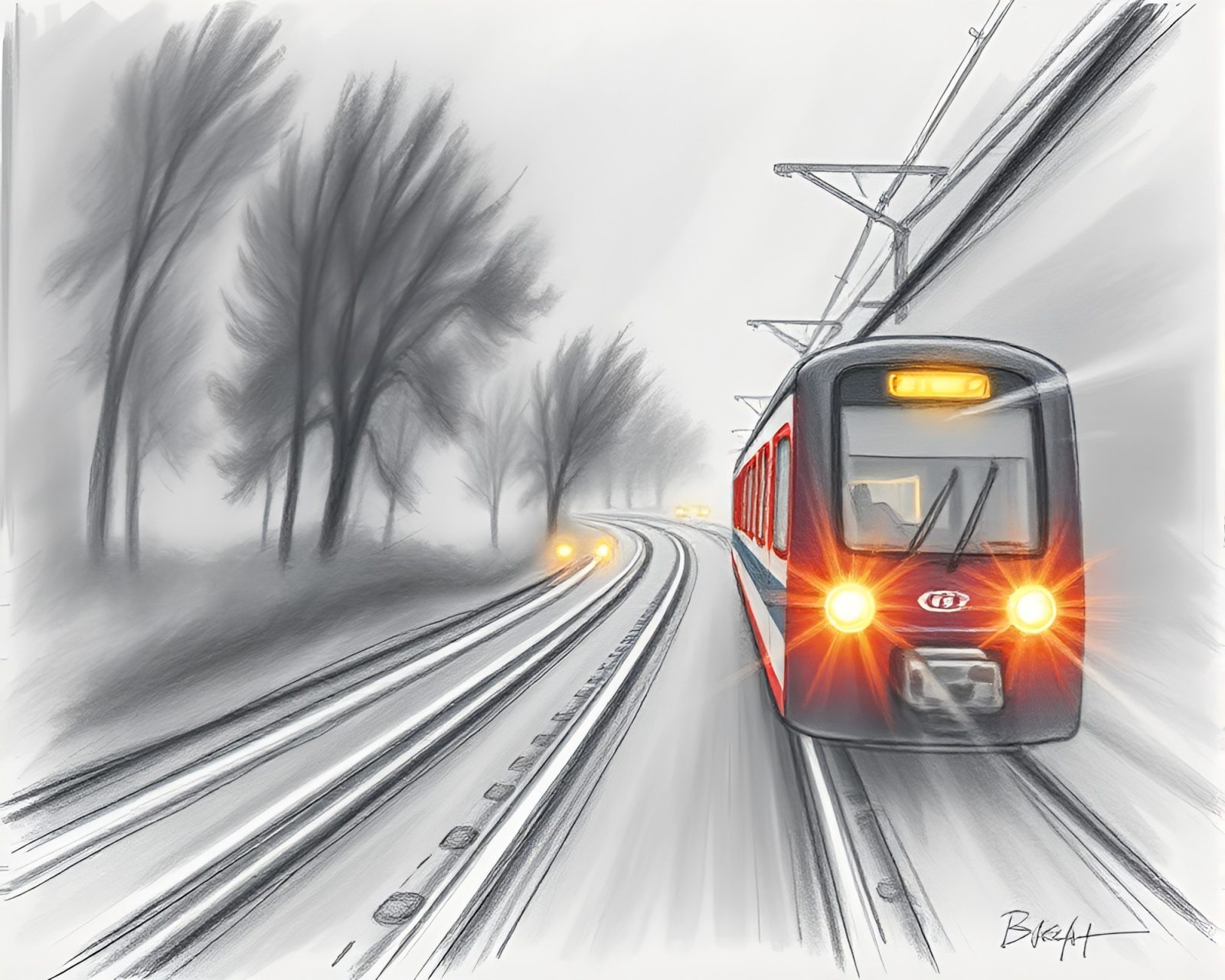 A pencil sketch of a train with sapphire light trails