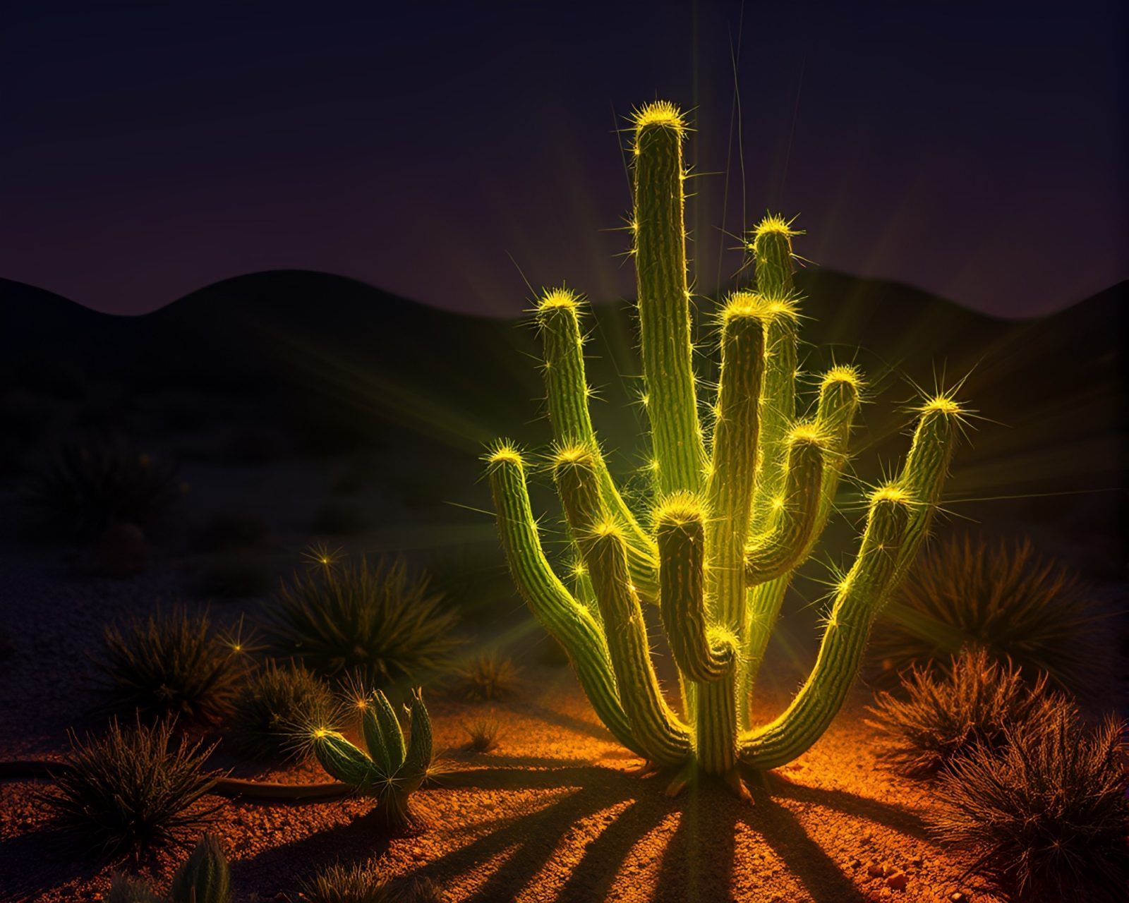 Vibrant cactus plants under a web of fiber optic lights