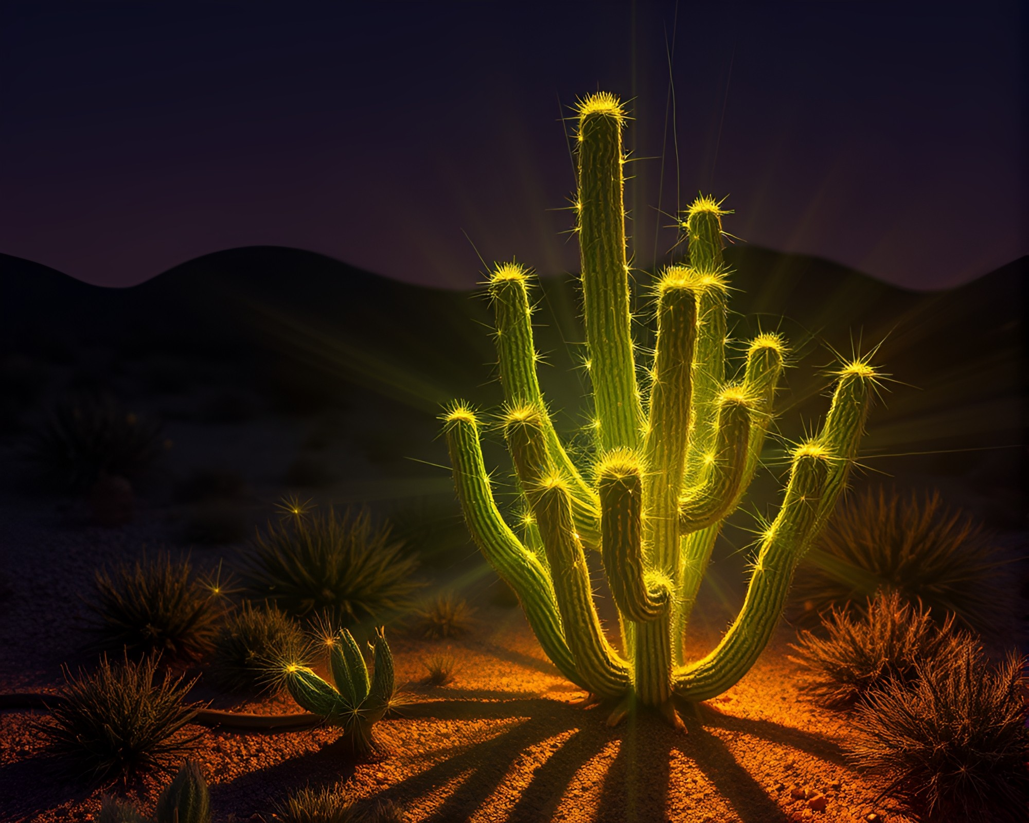 Fiber Optic Cacti Casting Hard Shadows in Desert – free AI stock image