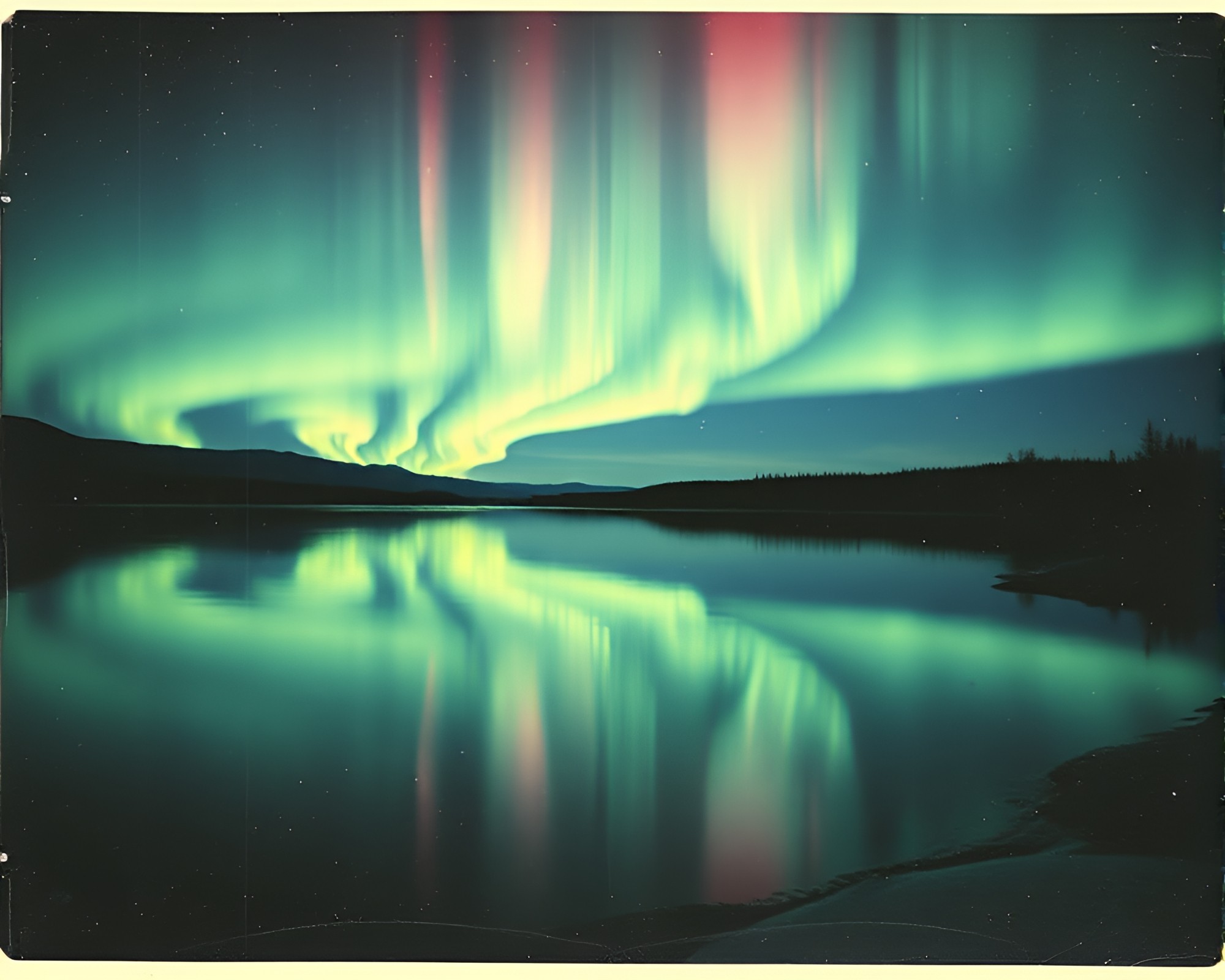 Aurora Borealis Stencil Art Vintage Polaroid Reflection – free AI stock image