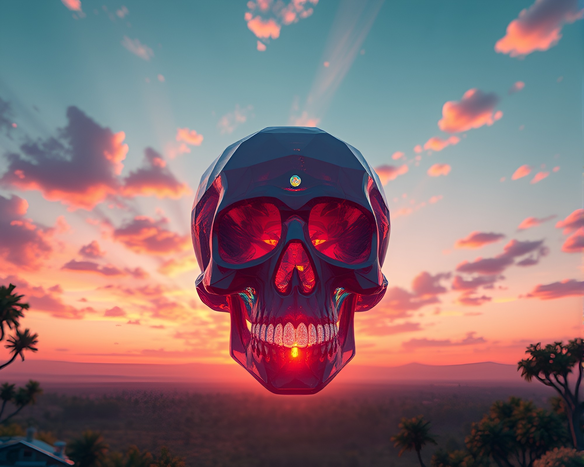 Voxel Art Crystal Skull at Sunrise Panorama – free AI stock image