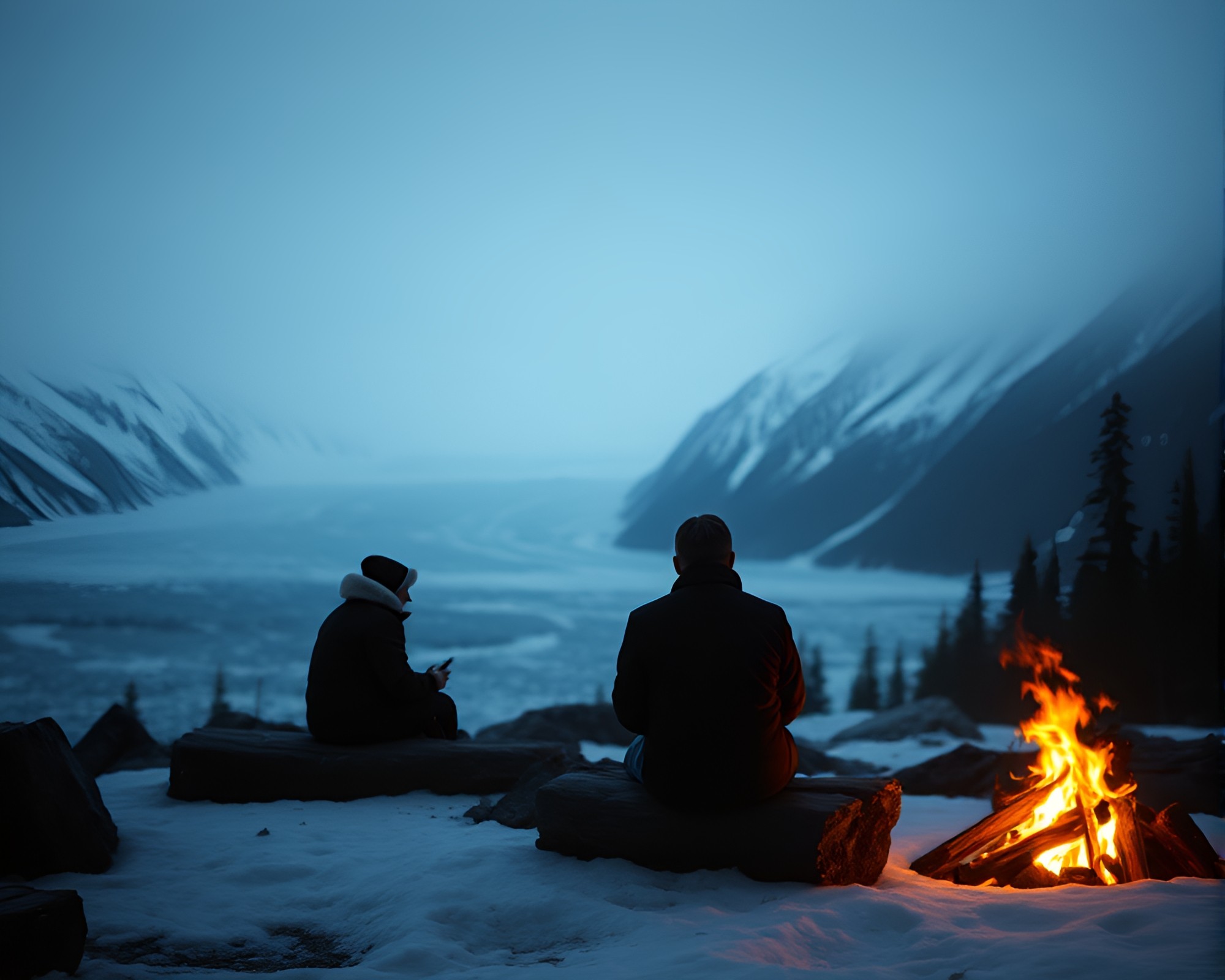 Grisaille Glacier: Candid Moment by the Fireplace – free AI stock image