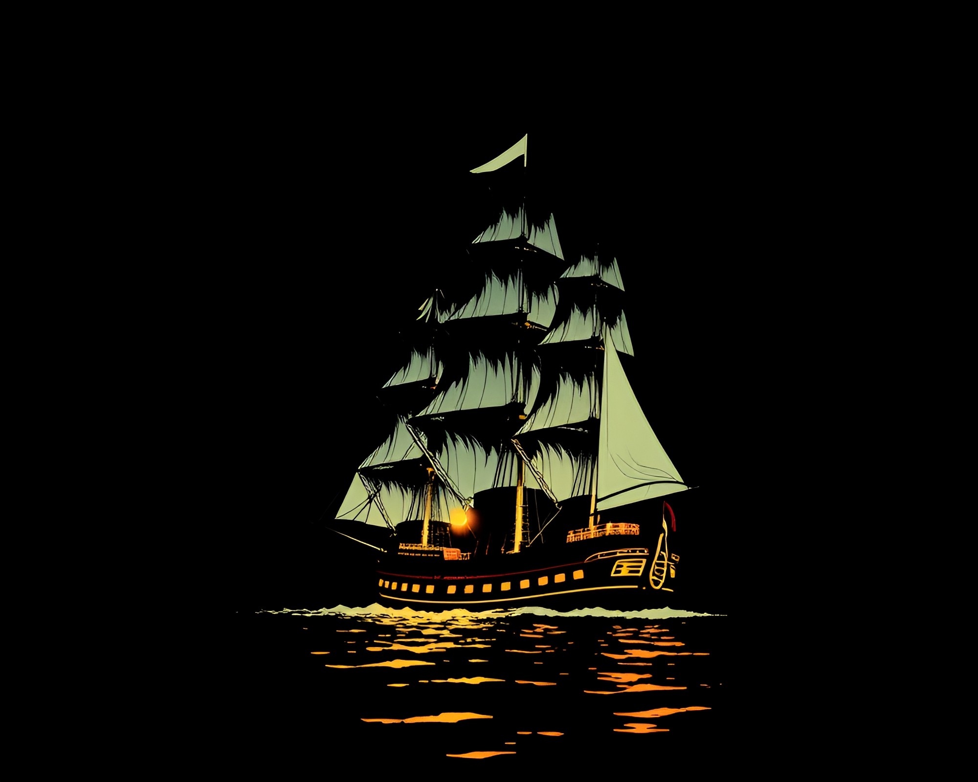 Majestic Sailing Ship in Torchlit Backscatter Flare – free AI stock image