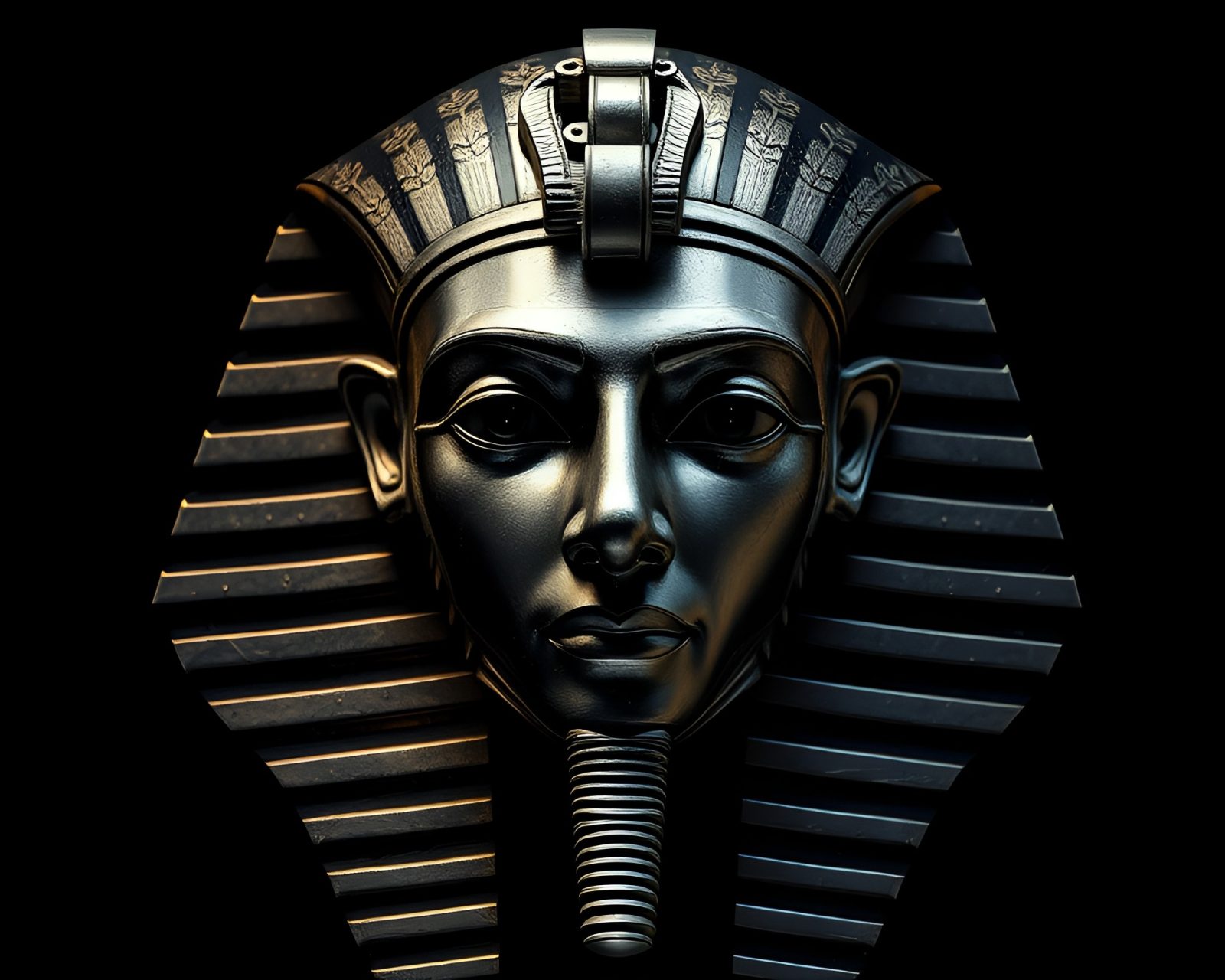 Dramatic chiaroscuro lighting on Pharaoh's mask with silver accents