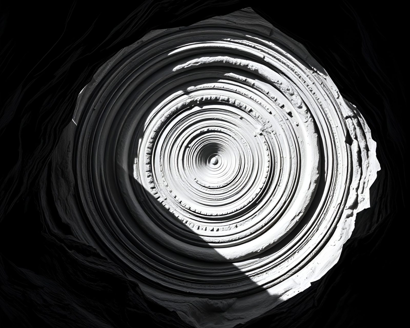 Concentric circles of canyon erosion in eerie attic shade