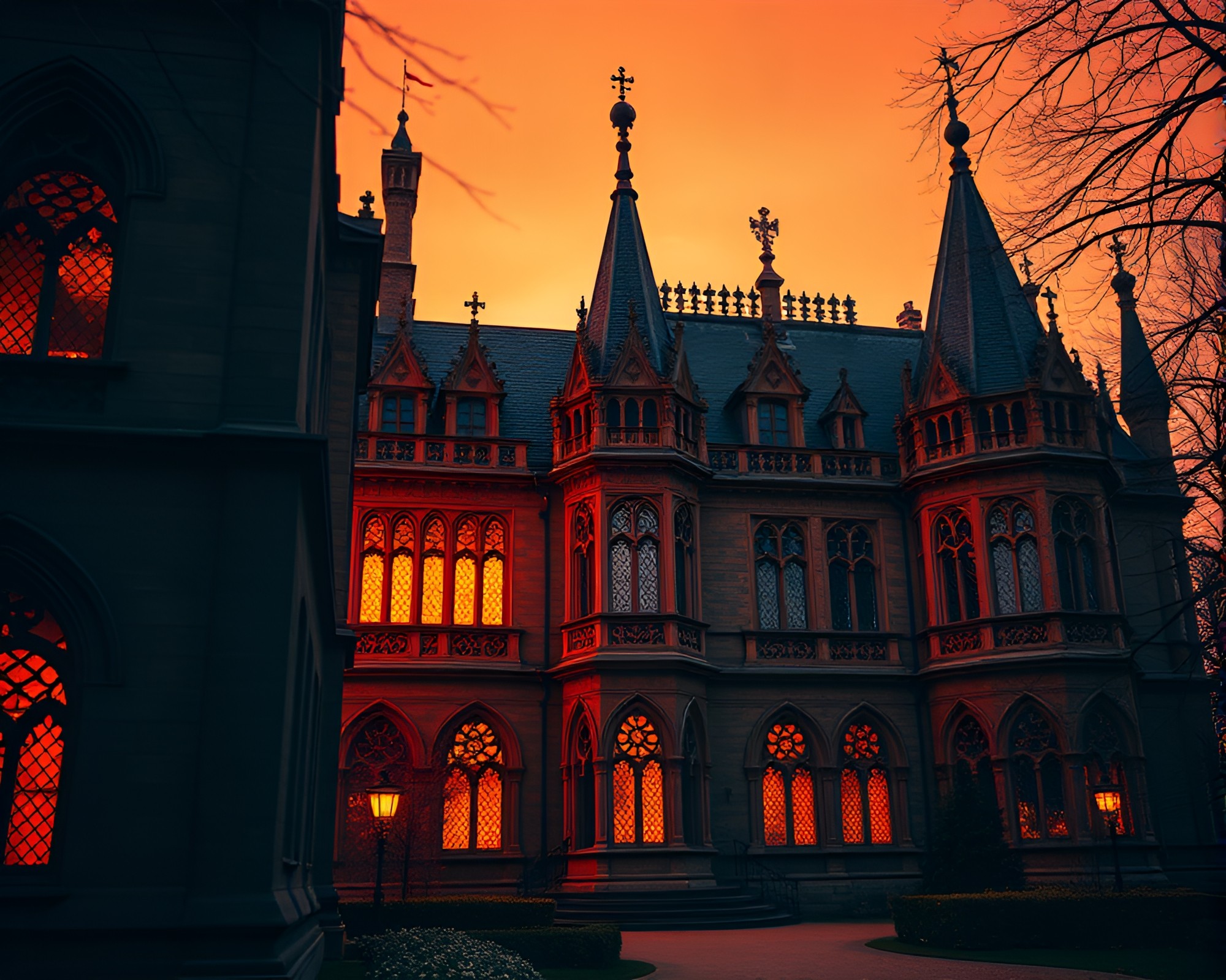 Neo-Gothic Mansion Close-Up in Duochrome – free AI stock image