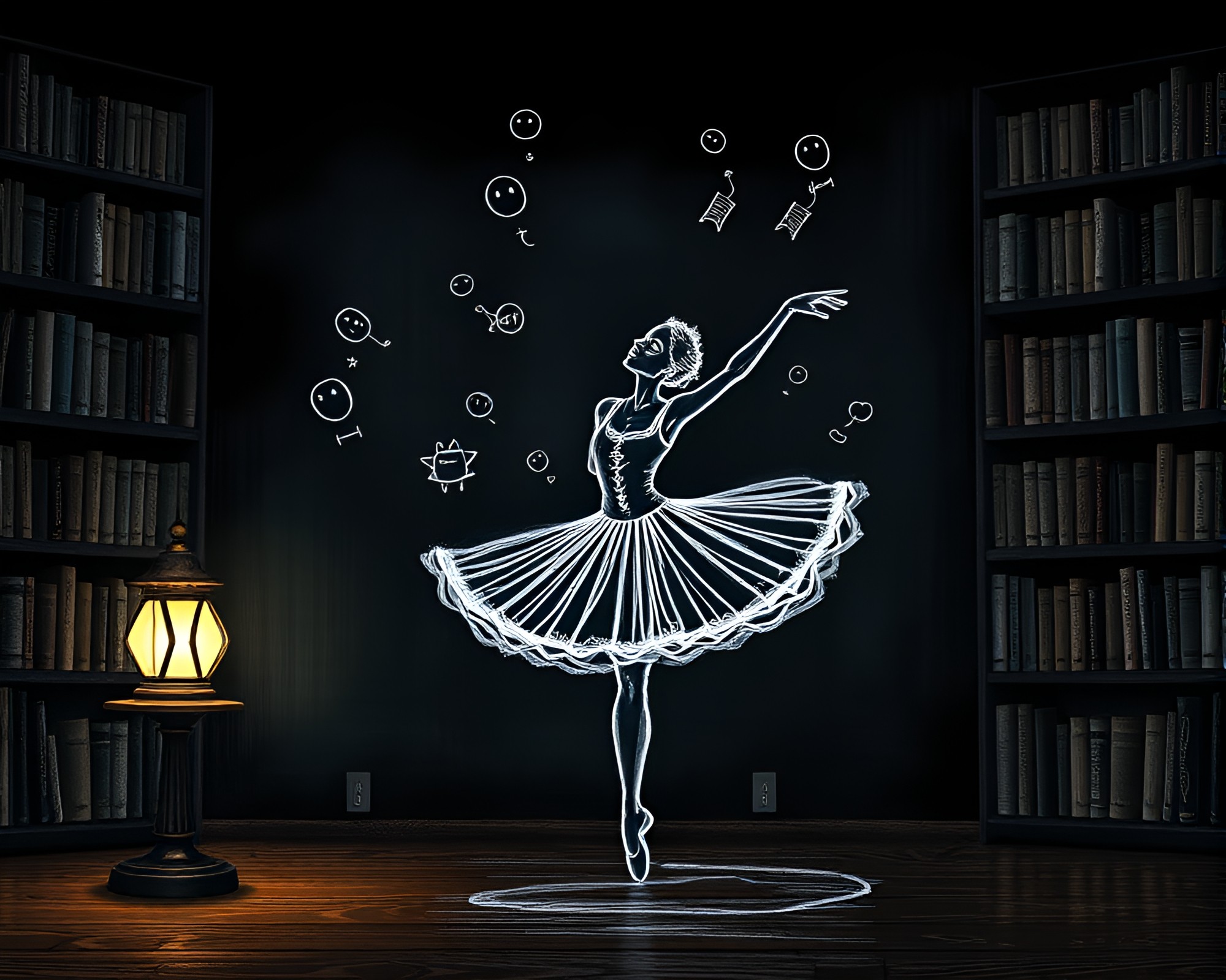 Ballet Dancer in Chalk ASCII Art Illuminated by Library Lamp – free AI stock image