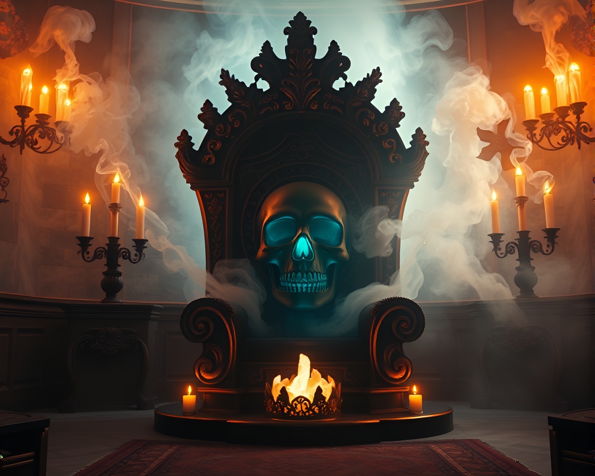 Enigmatic Crystal Skull in Smoke Ring Throne Room – free AI stock image
