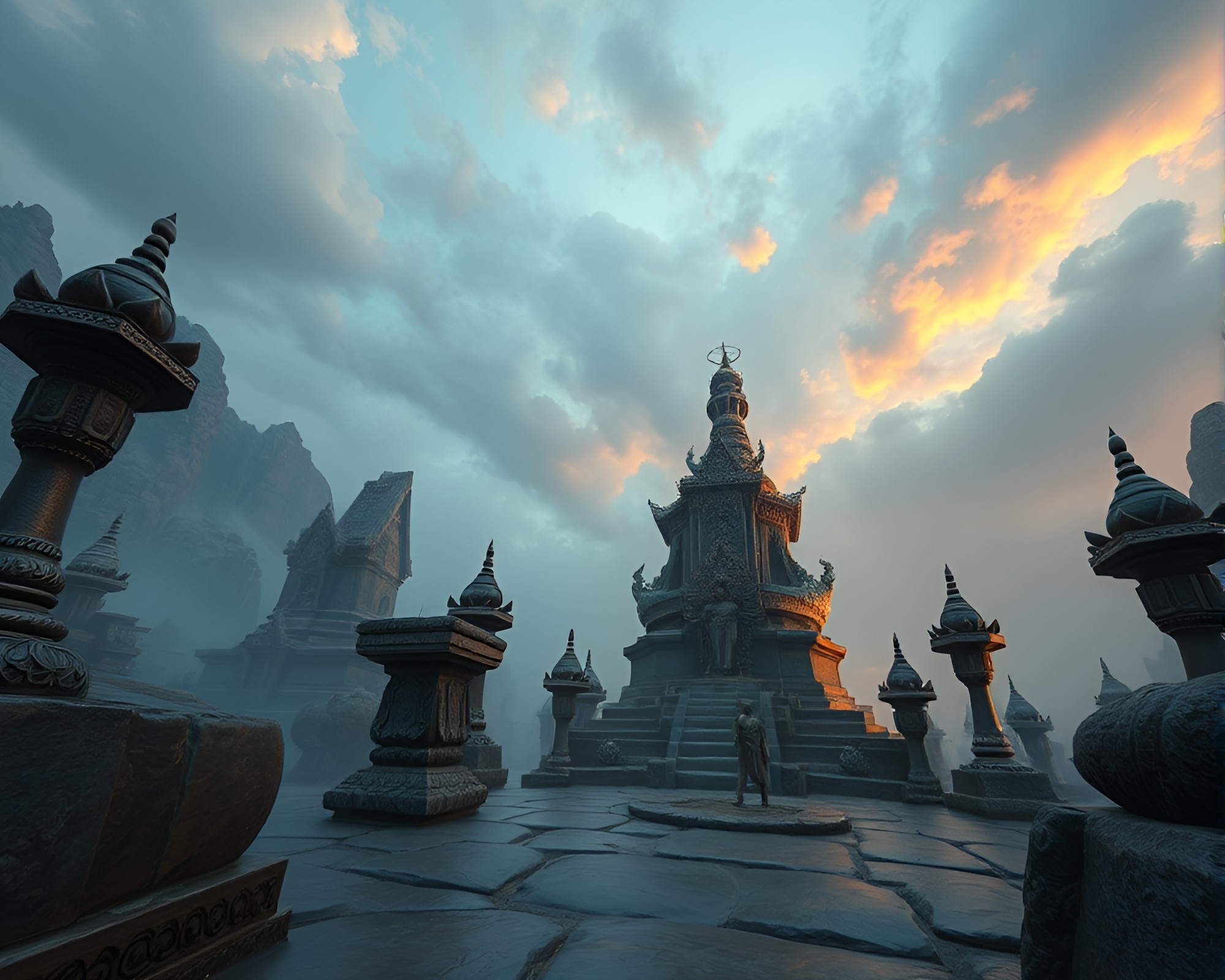 Bronze Troll Utopia Under Wide-Angle Glow – free AI stock image