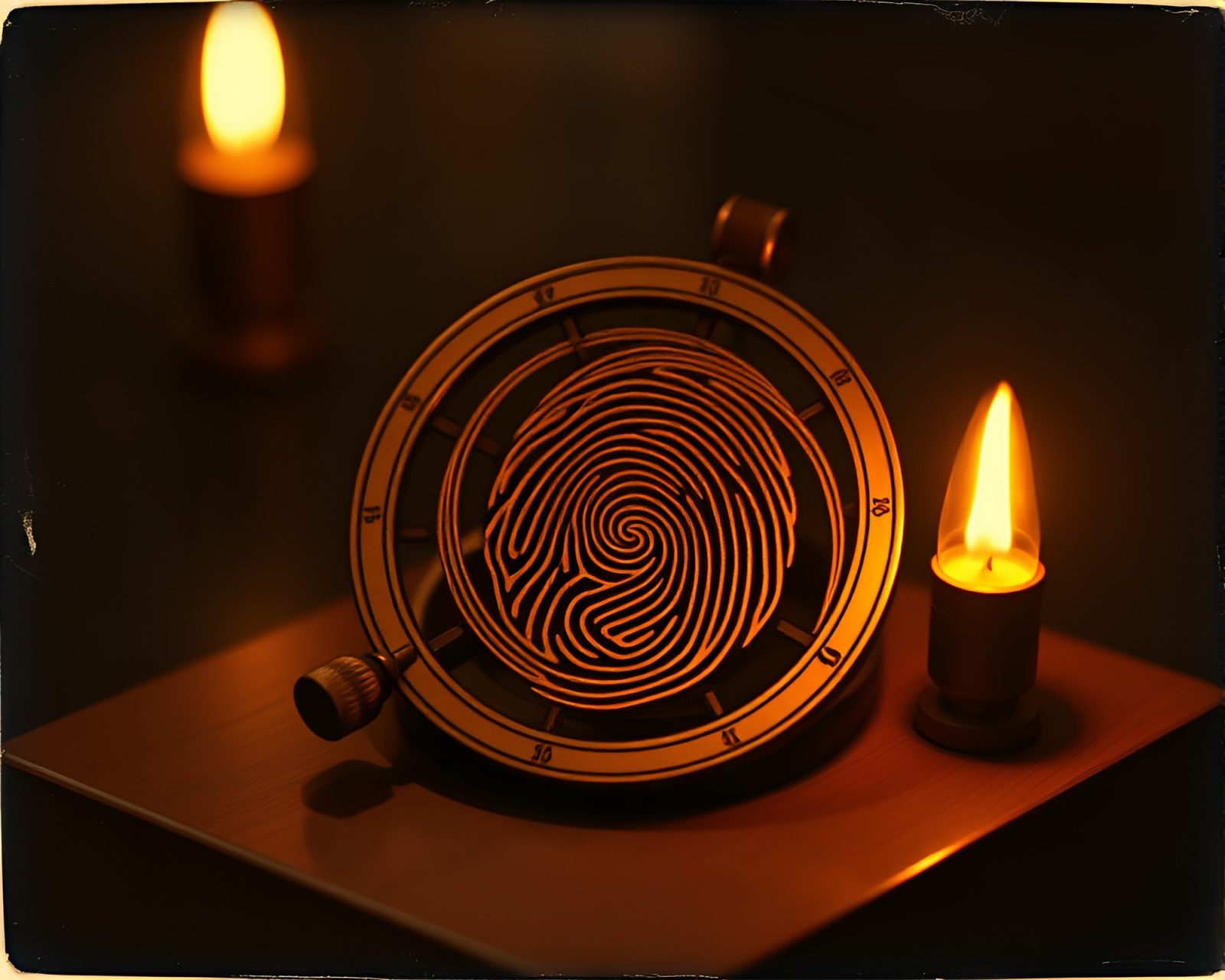 Vintage sextant with intricate fingerprint swirl design illuminated by torchlight