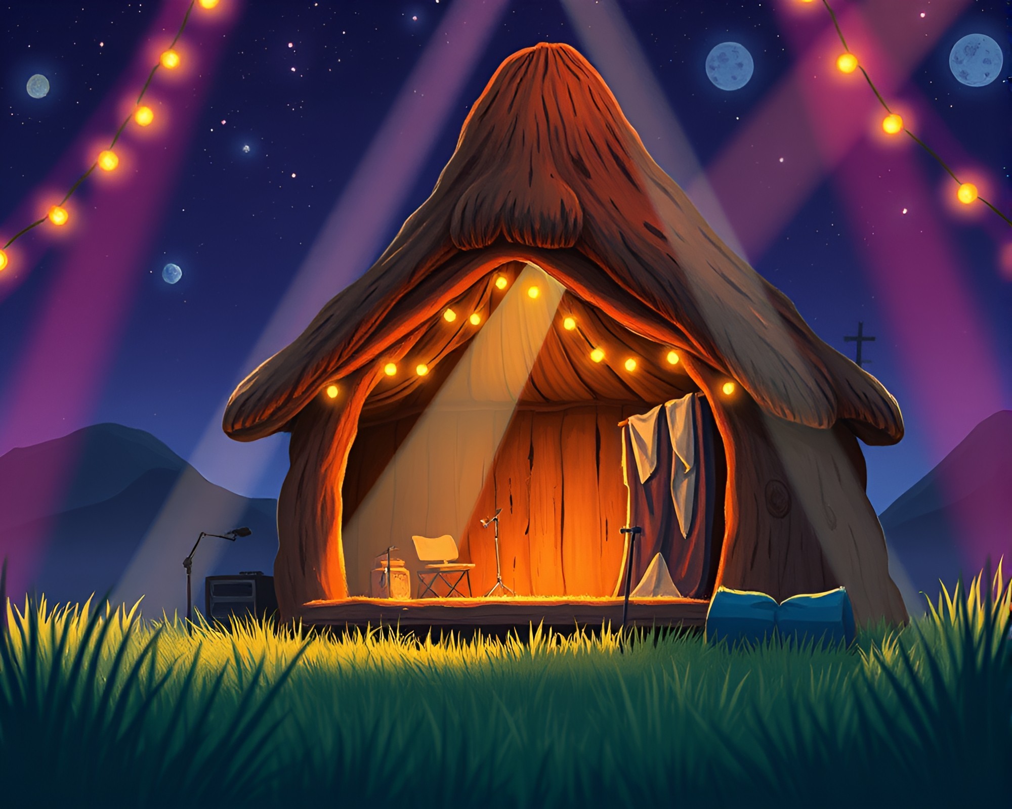 Enchanting Macro View of Mud Hut Under Concert Lights – free AI stock image