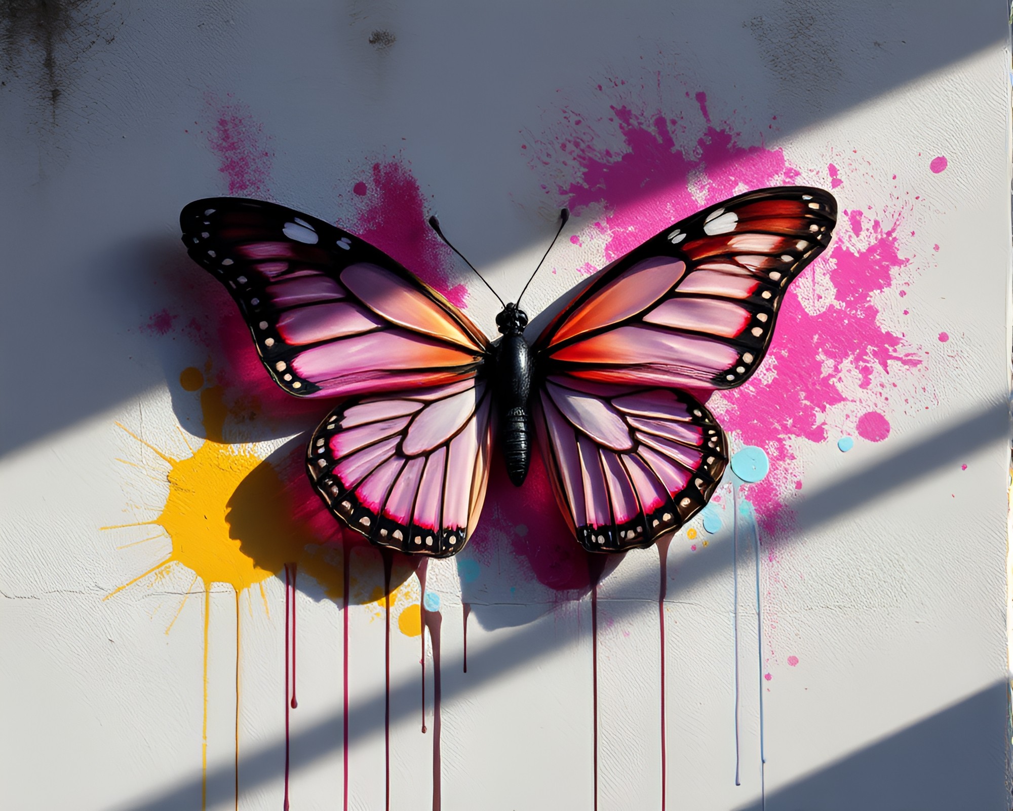 Pixelated Silk Butterfly Graffiti Art with Soft Shadows – free AI stock image