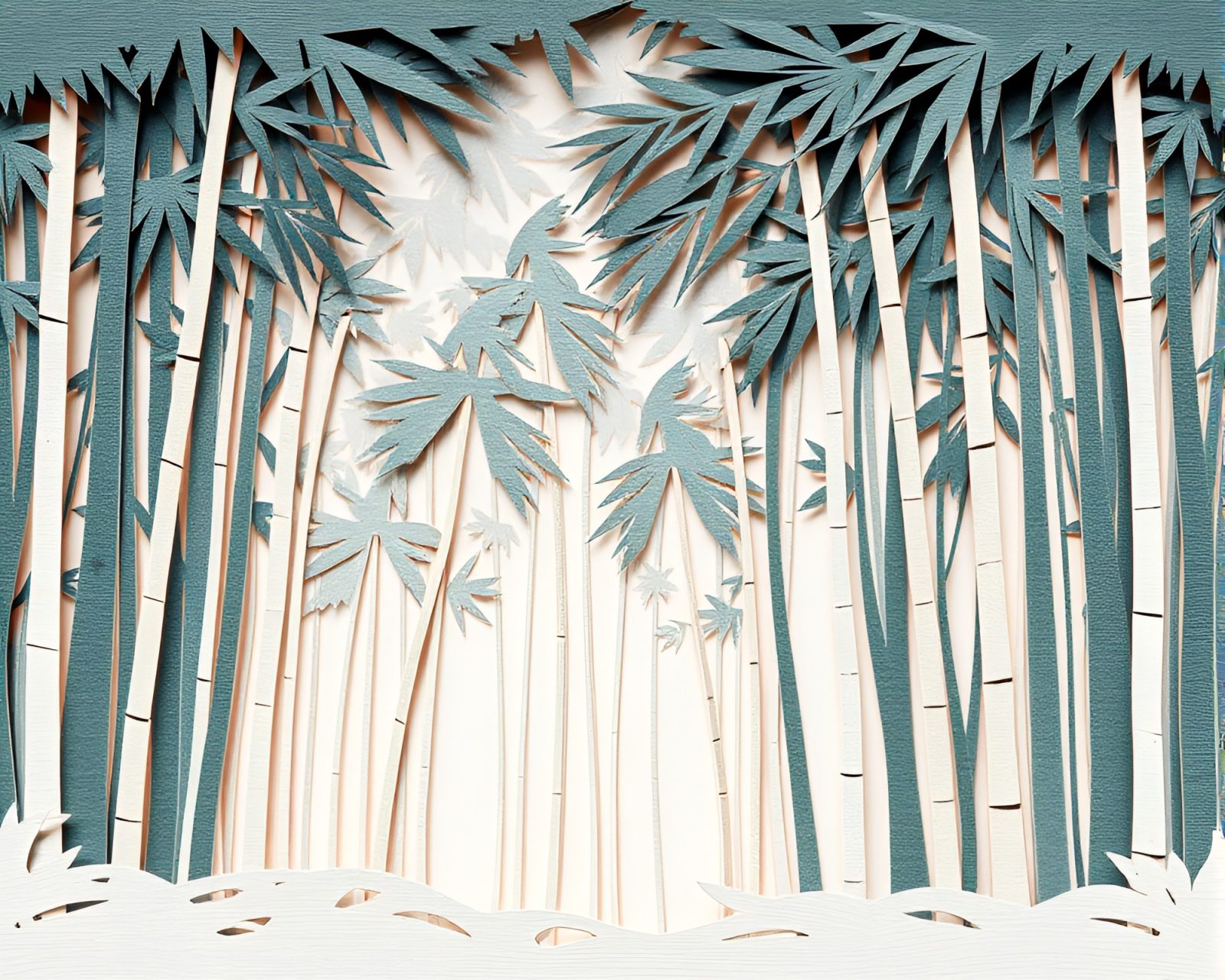 Paper cutout style street art with misty bamboo