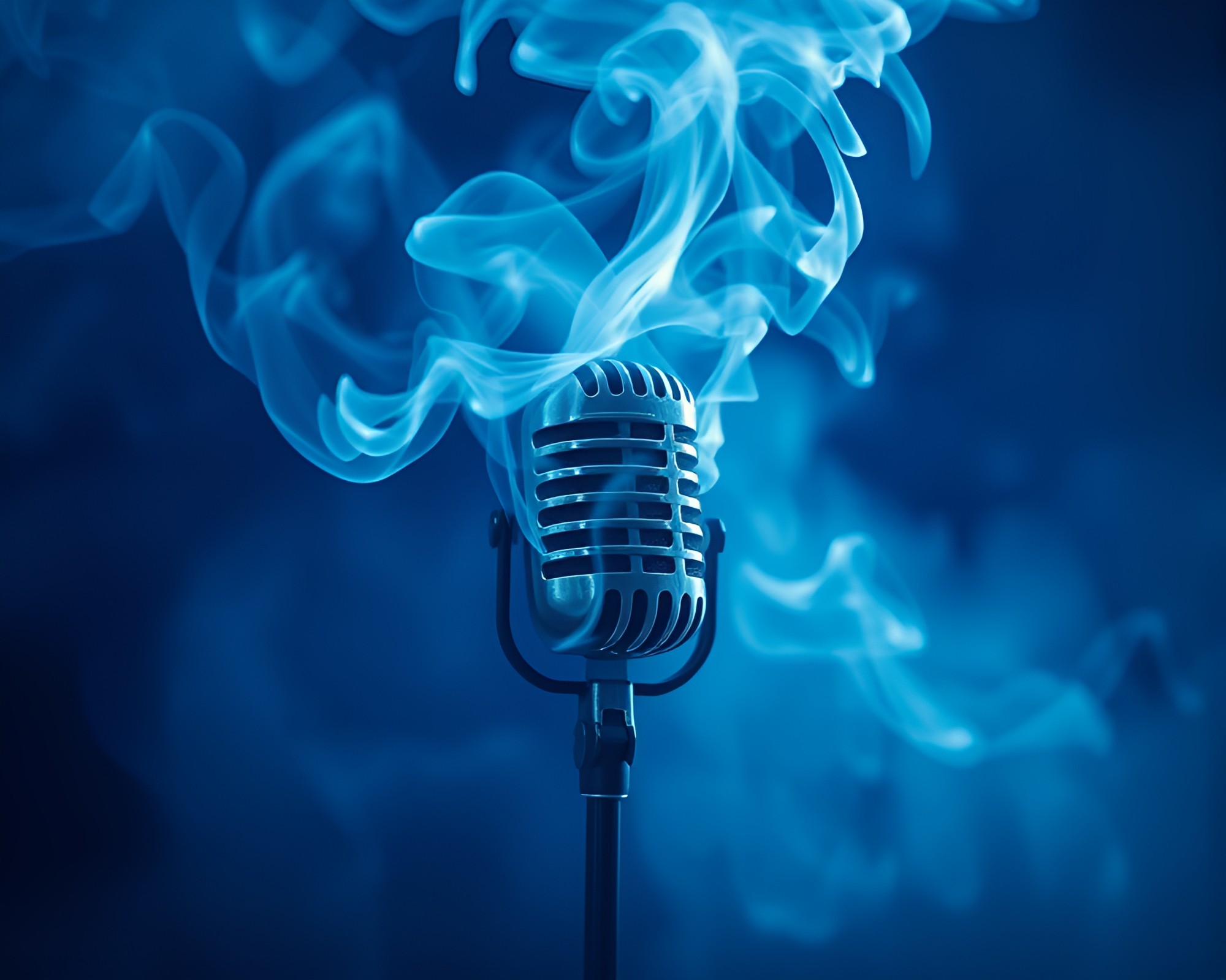 Spectacular Smoke Swirl Around Arctic Blue Glitch Microphone – free AI stock image