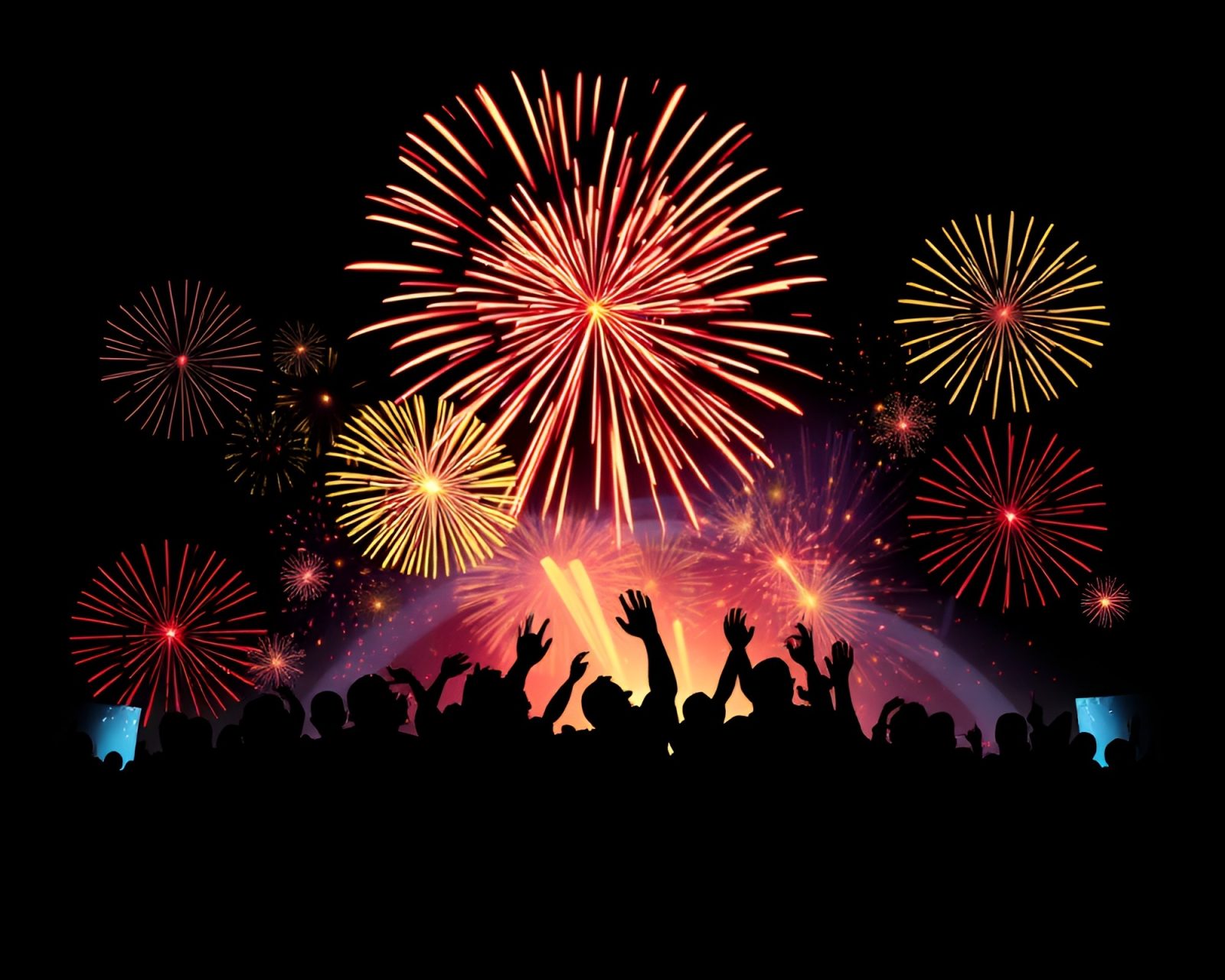 Backlit android silhouettes with festival fireworks and glow