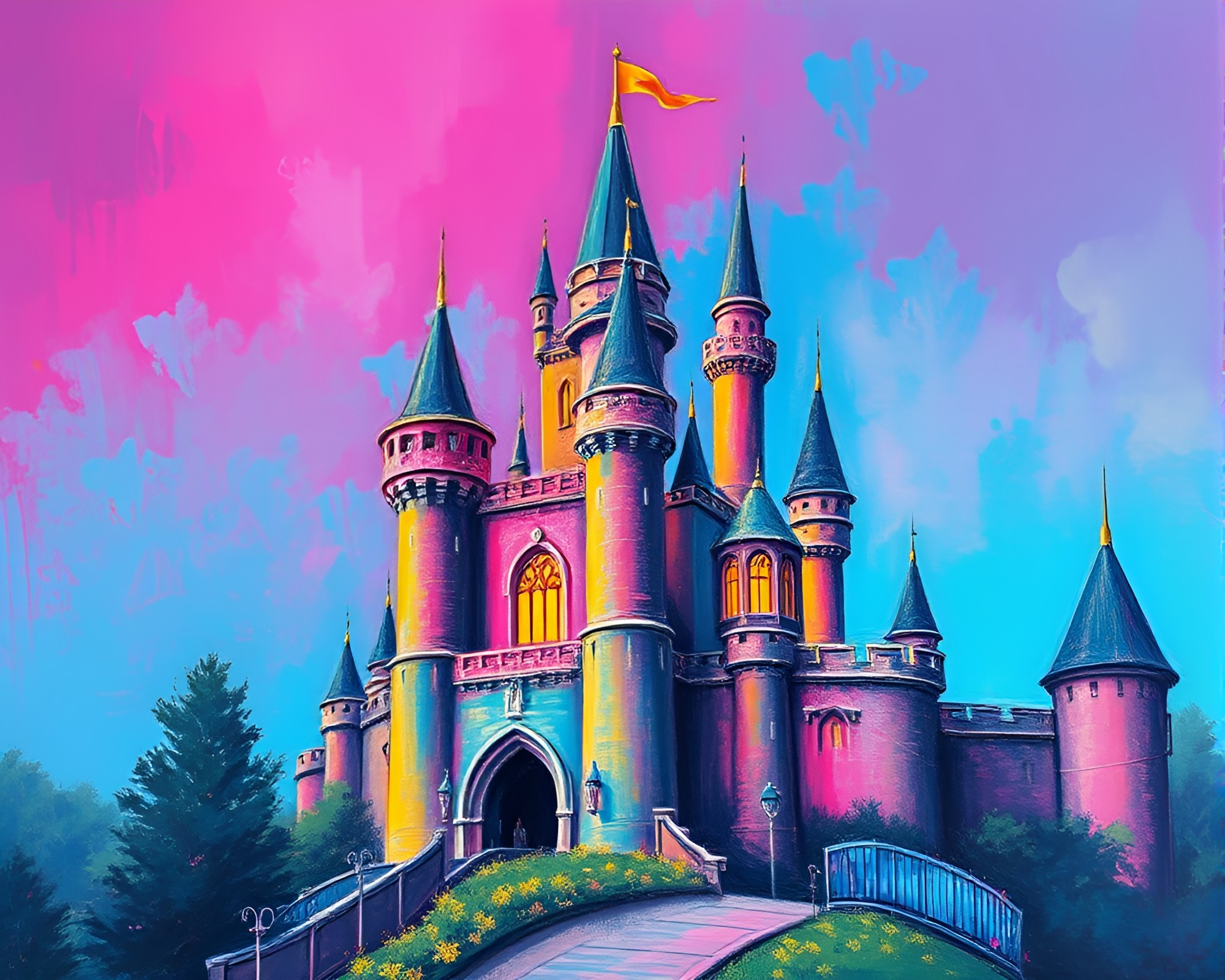 Pastel Neon Castle Composition in Expressionist Style – free AI stock image