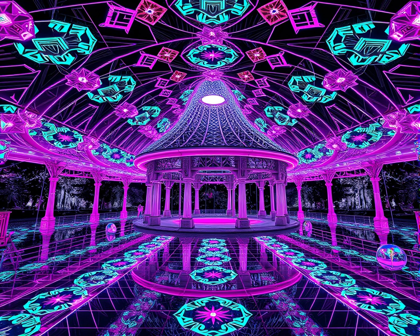 Digital line art of a floating pavilion with kaleidoscope colors