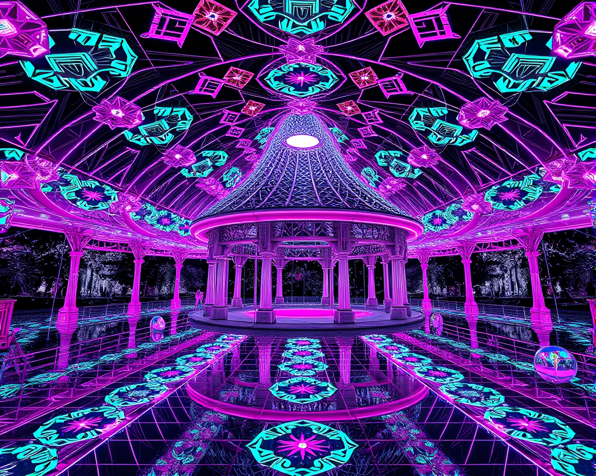 Vibrant Floating Pavilion with Kaleidoscope Lighting – free AI stock image