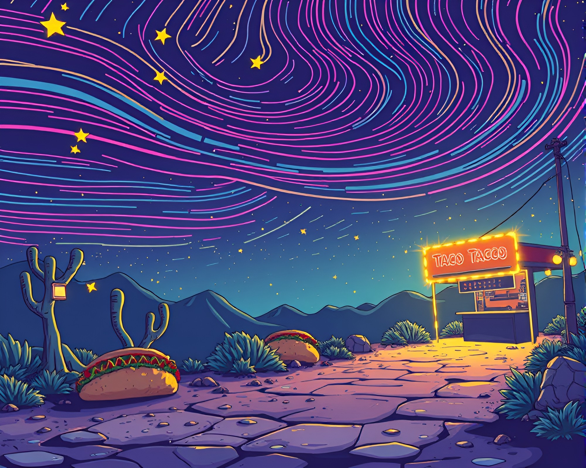 Celestial Taco Stand Under Graffiti Star Trails – free AI stock image