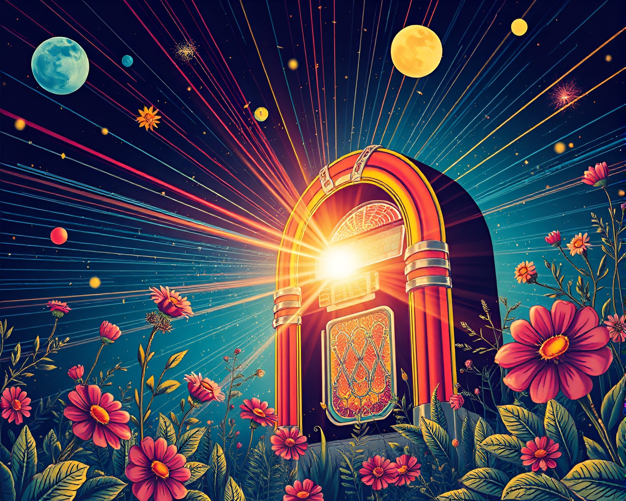 Retro Jukebox in Twisting Vortex of Botanical Illustrations – free AI stock image