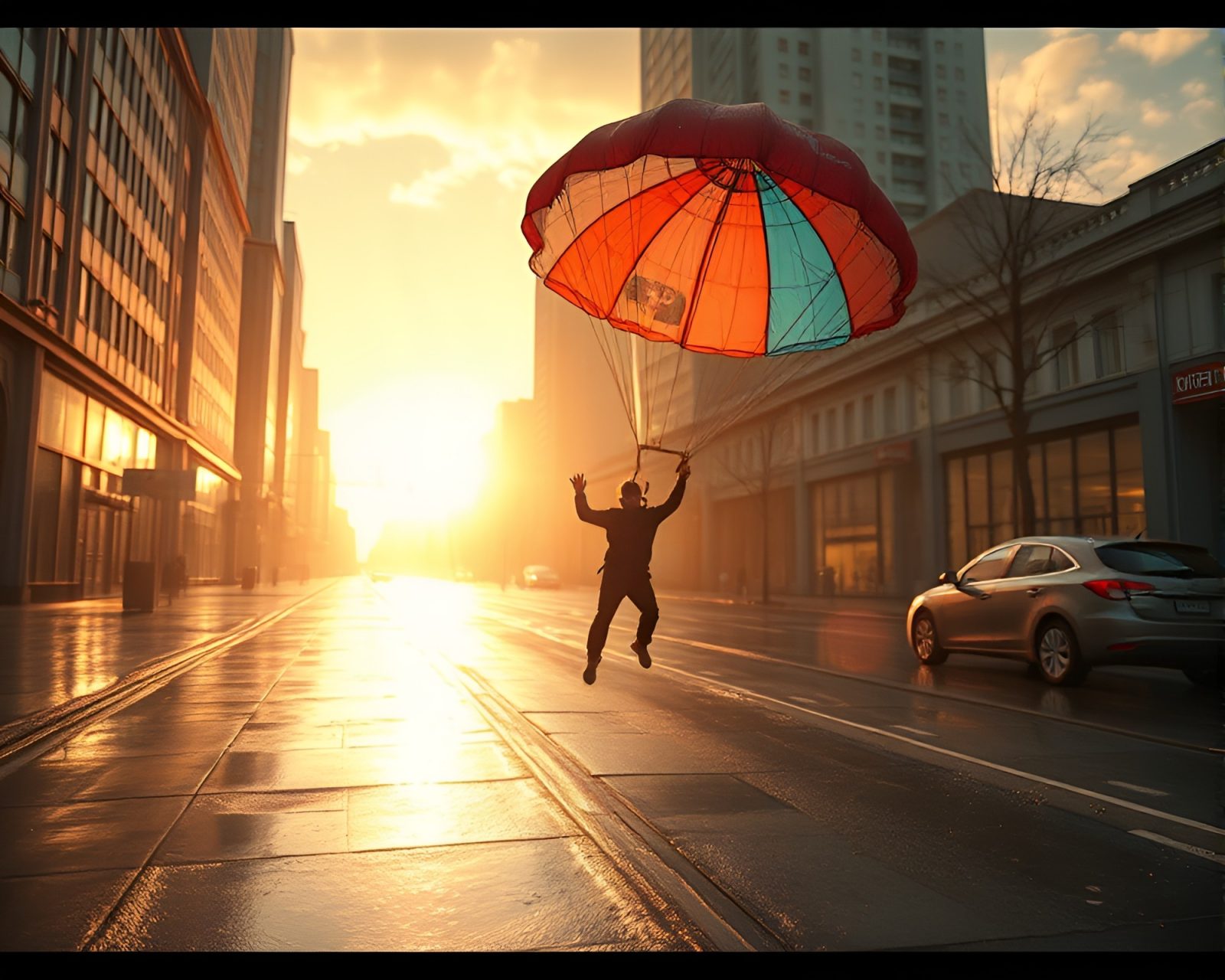 Surrealist scene of parachute jumper on rain-soaked street