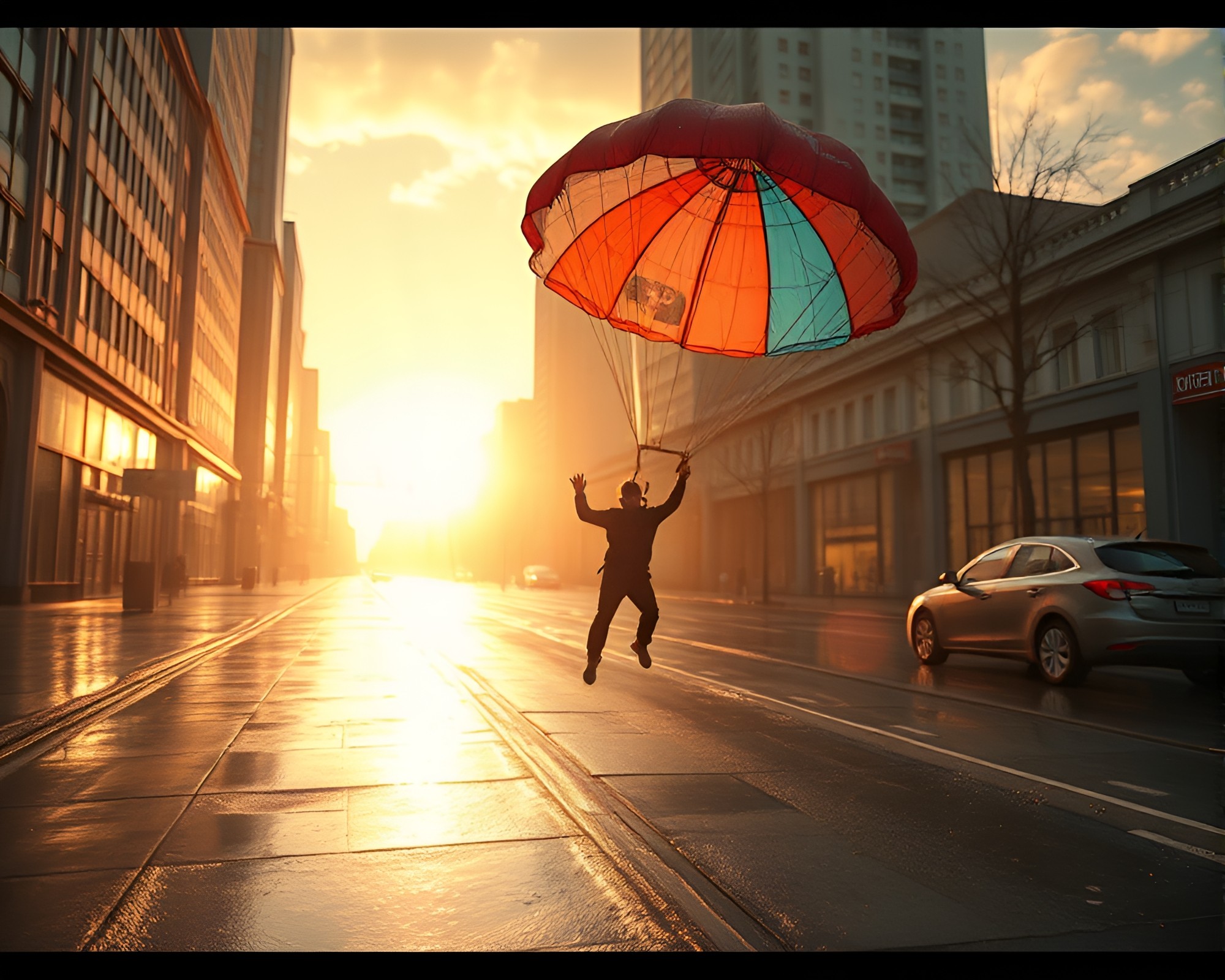 Surreal Parachute Jumper Descending on Wet Pavement – free AI stock image