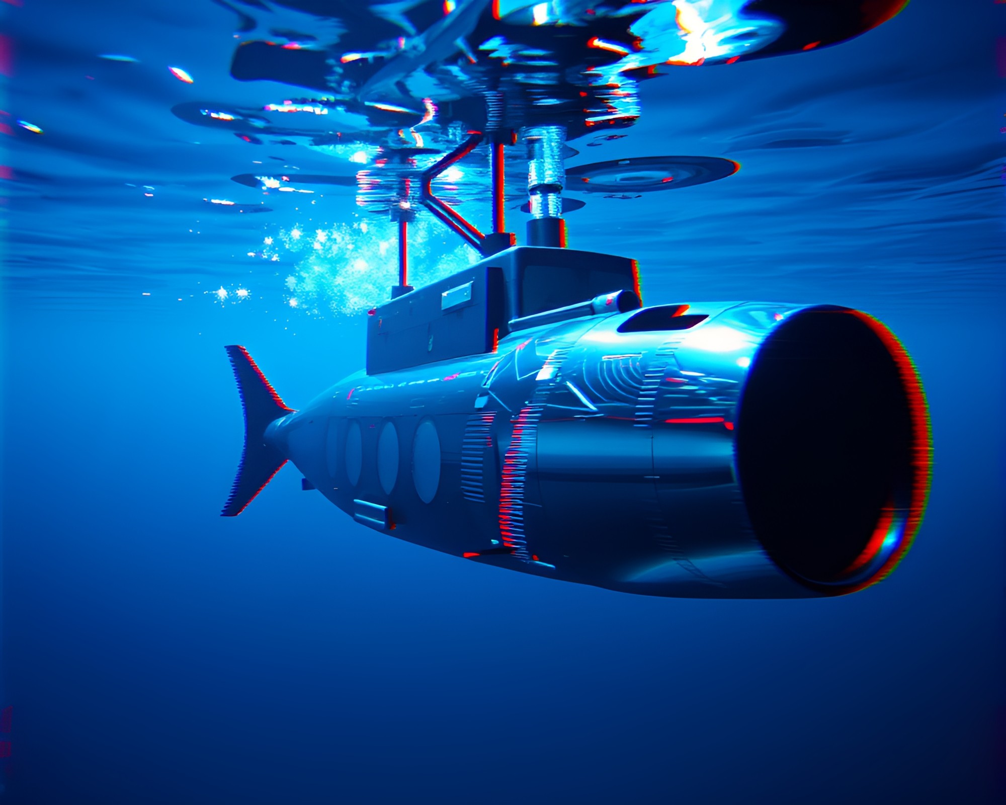 Glitchy Geometric Submarine in Metallic Underwater World – free AI stock image