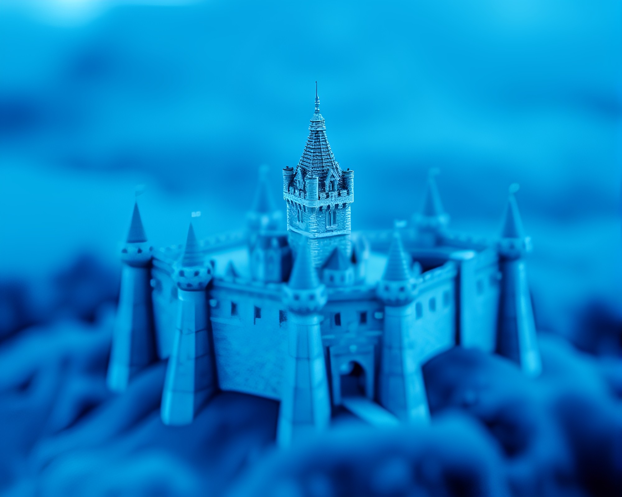 Halftone Castle Floating in Steel-Blue Dream – free AI stock image