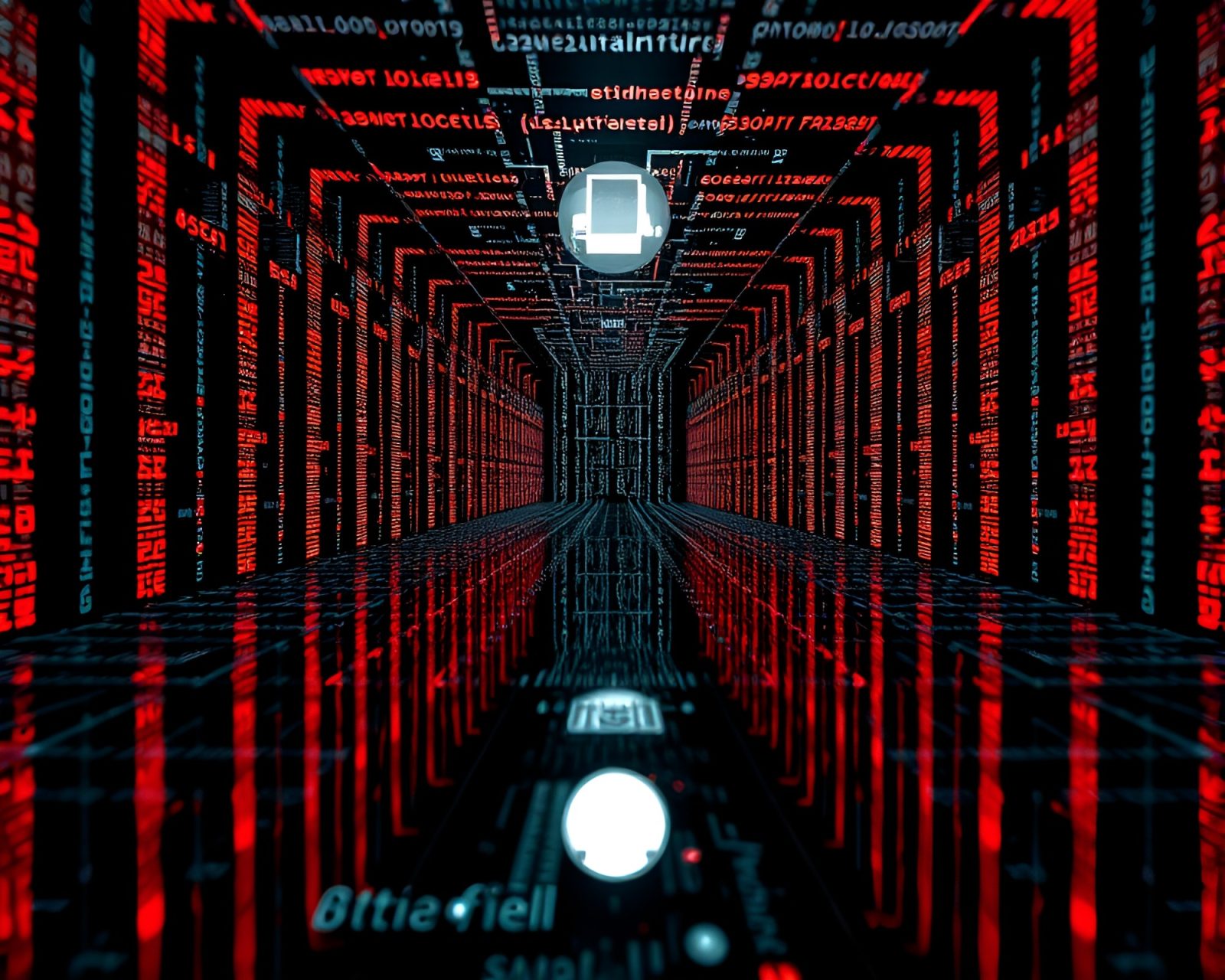 Darkened mirror maze with ghostly figures and eerie light