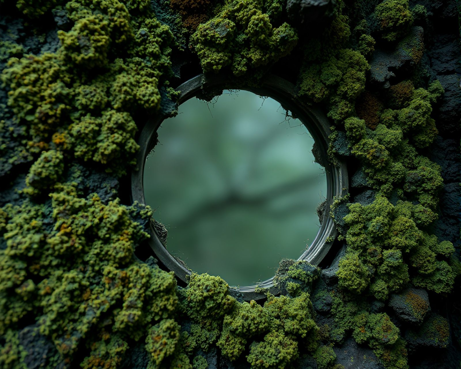 Mystical mirror filled with lichen textures in eerie light