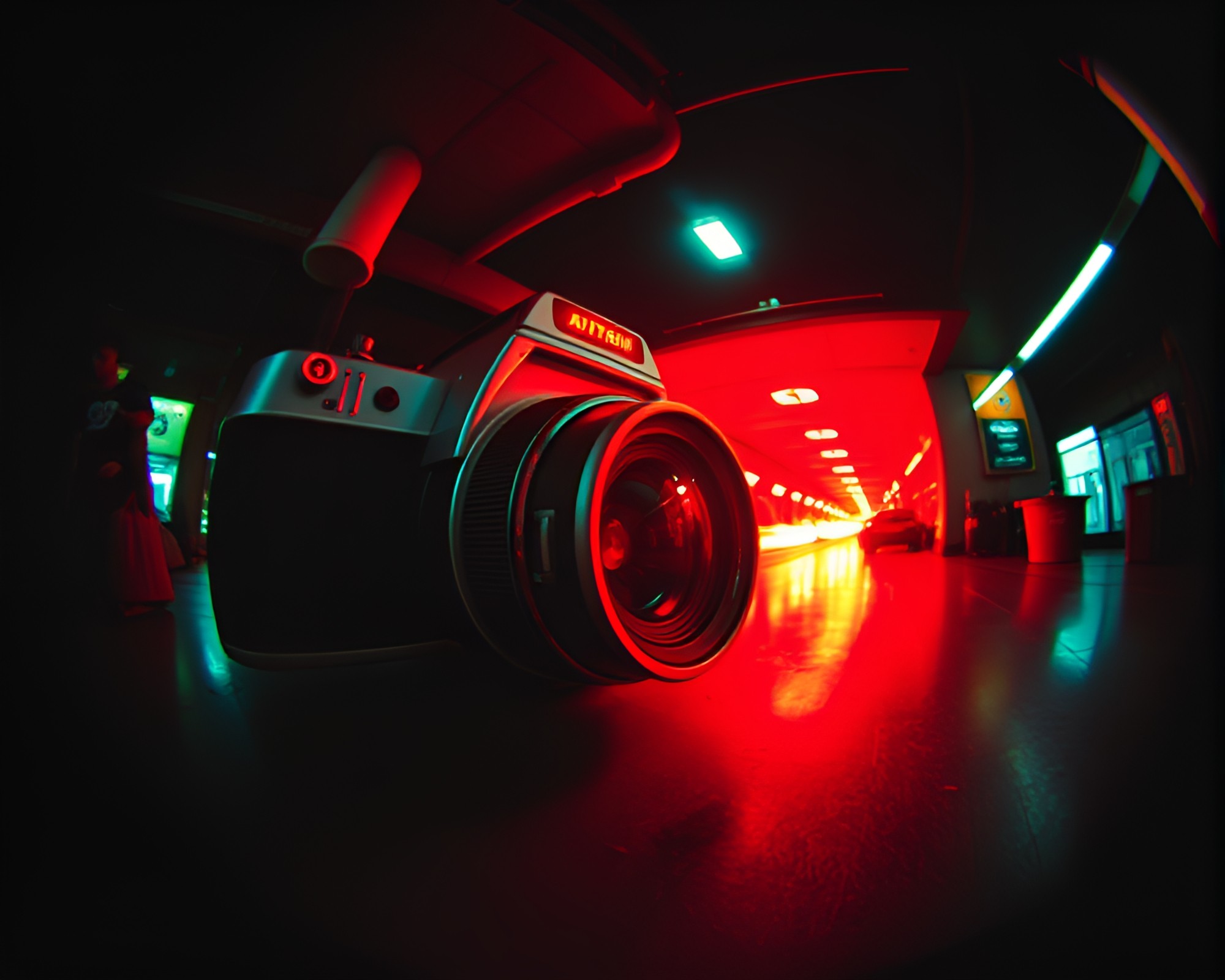 Fisheye Camera Lens: Retro Futurism in Ruby Red – free AI stock image