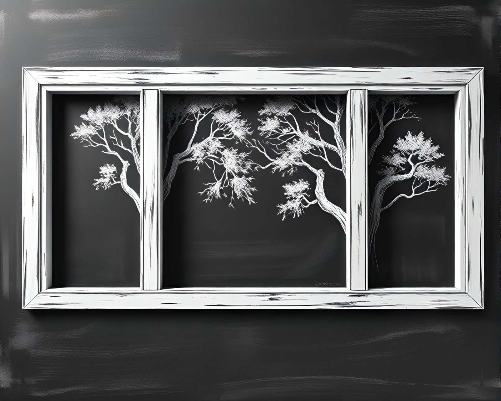 Mystical forest outlined in chalk on wireframe background