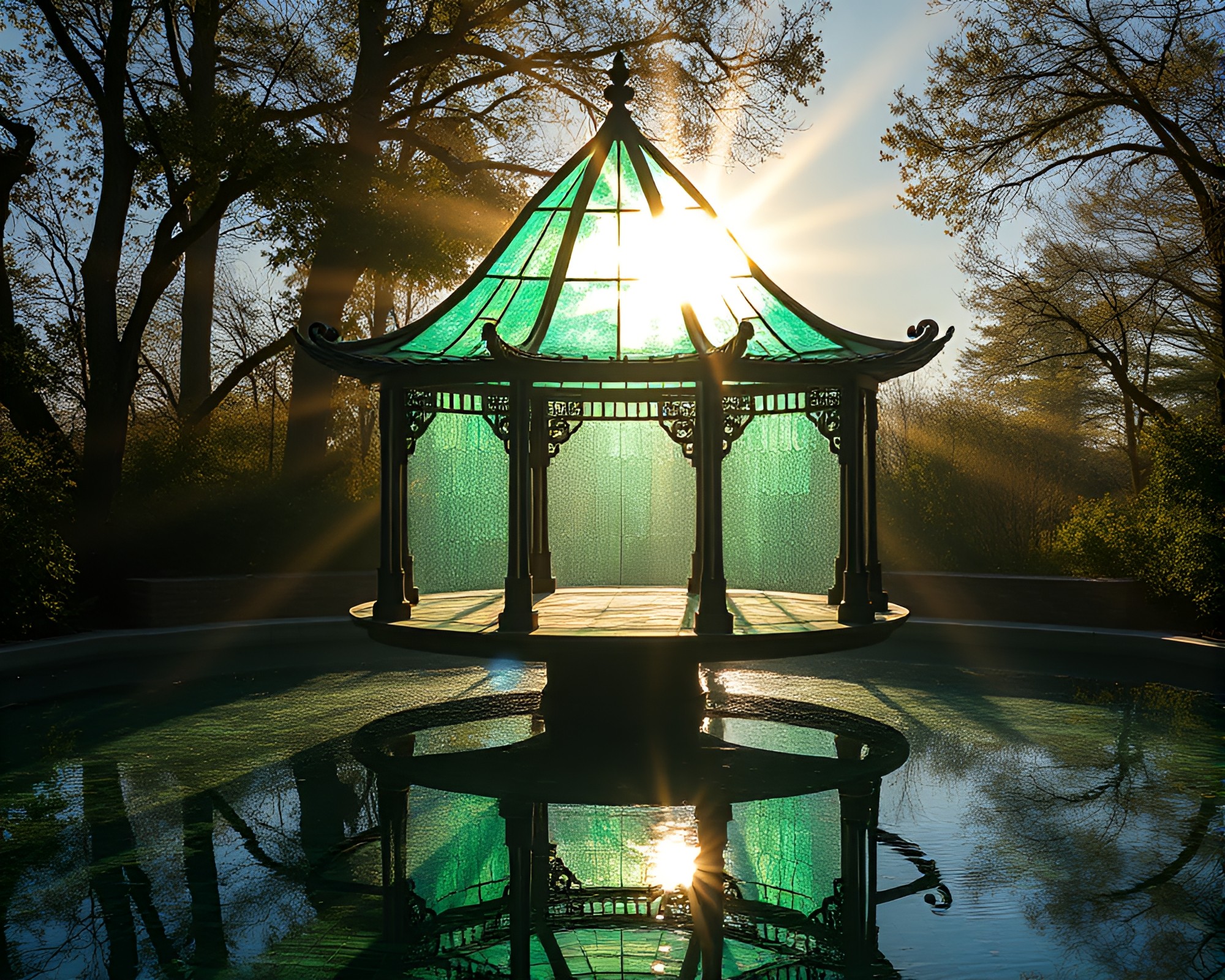 Copper Verdigris Floating Pavilion Bathed in Solar Flare Glow – free AI stock image
