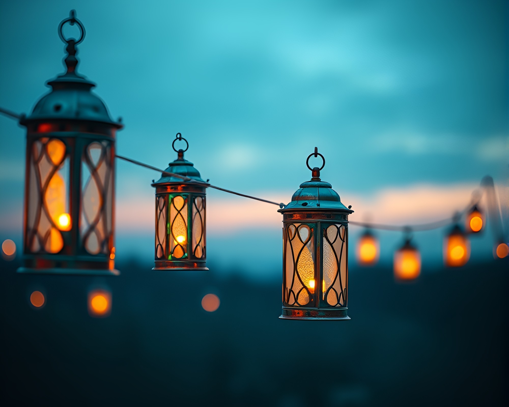 Lanterns Dance in Copper-Blue Twilight – free AI stock image