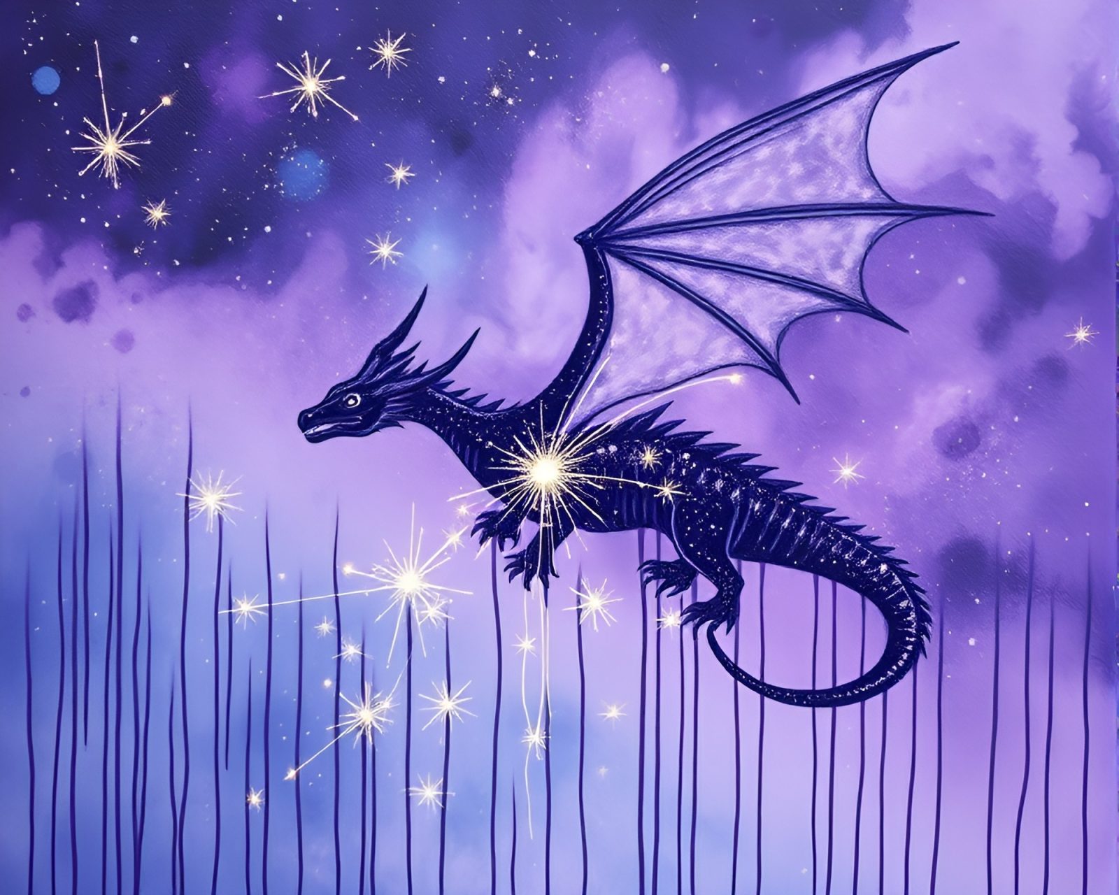 Majestic dragon set against vibrant amethyst skies and glowing sparkler trails