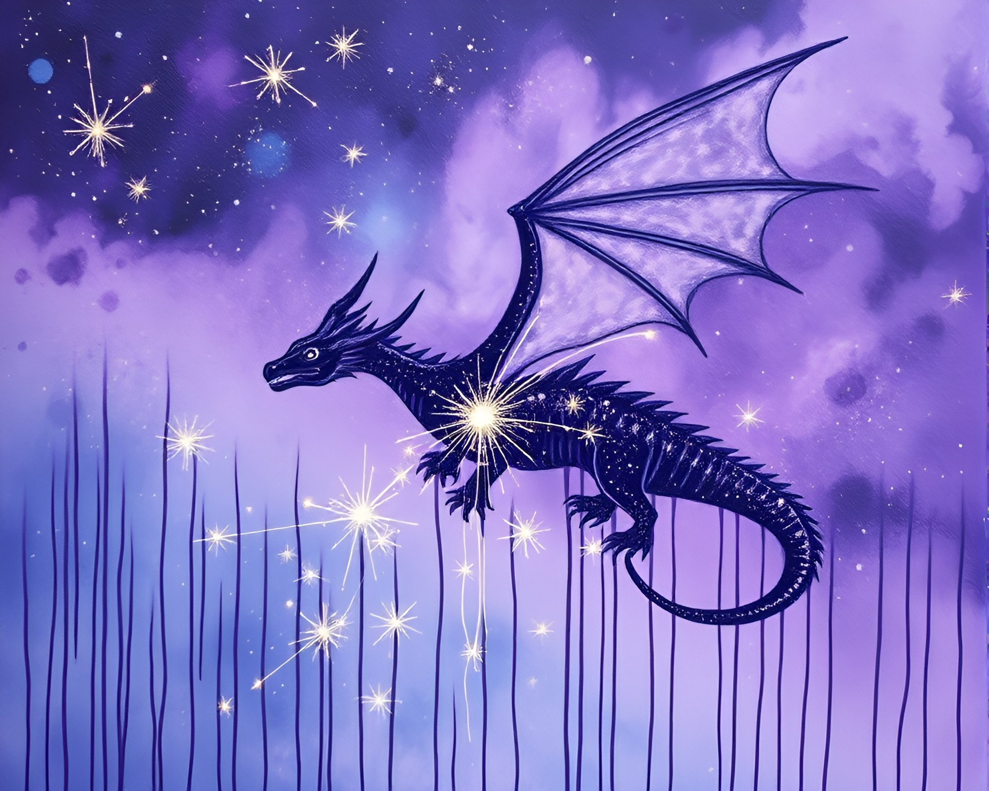 Celestial Dragon in Amethyst Sky with Sparkler Trails – free AI stock image