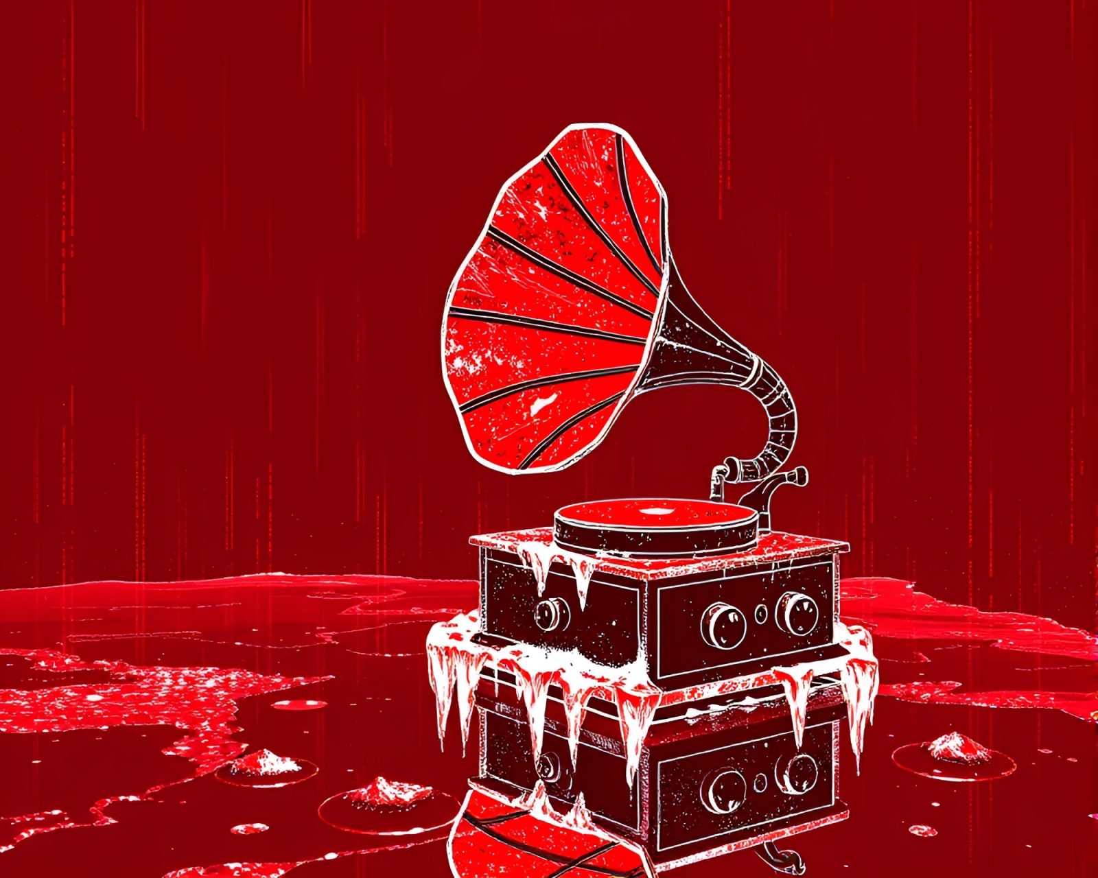 Vintage gramophone reflecting on cracked ice in red lighting