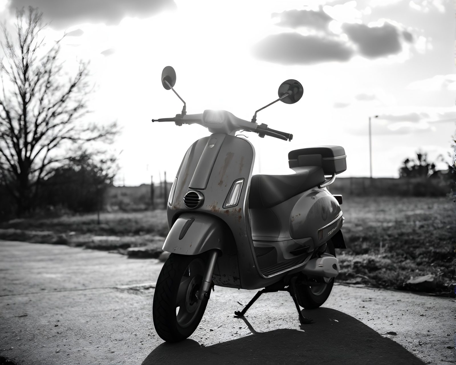 Vintage electric scooter with rust patina shining in sun rays